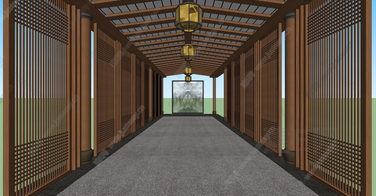 新中式走廊景观廊架模型SU模型下载[ID:107498125]_建E室内设计网