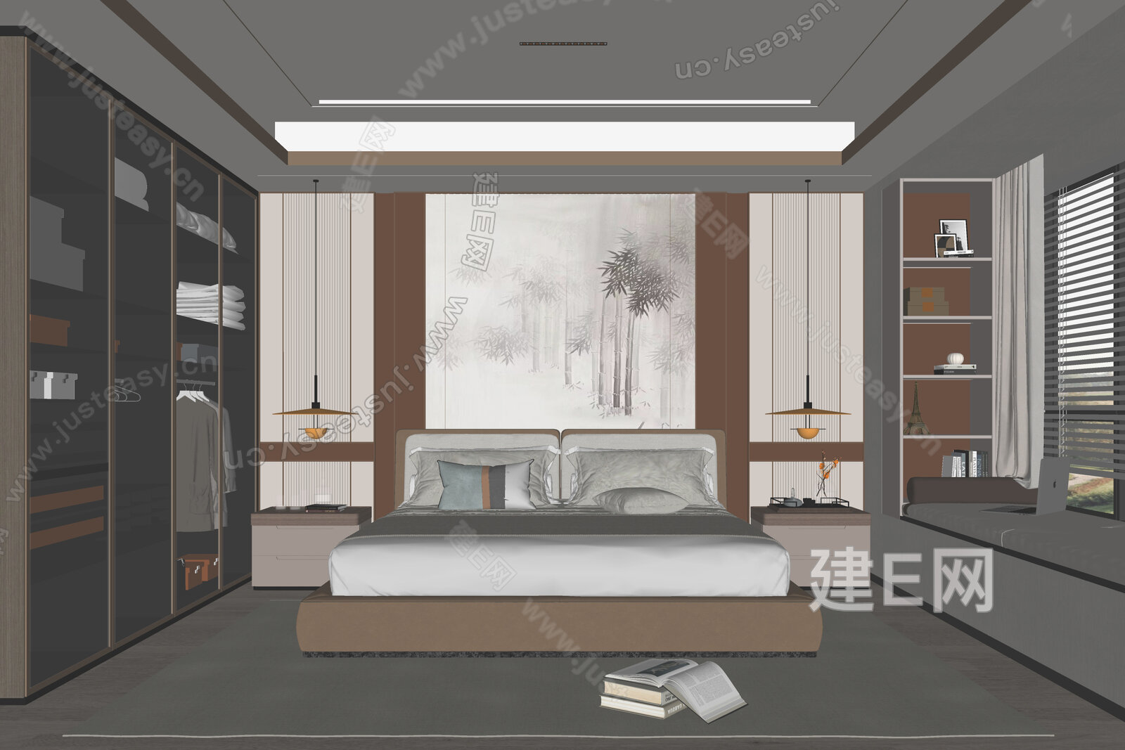 新中式卧室模型SU模型下载[ID:107825791]_建E室内设计网