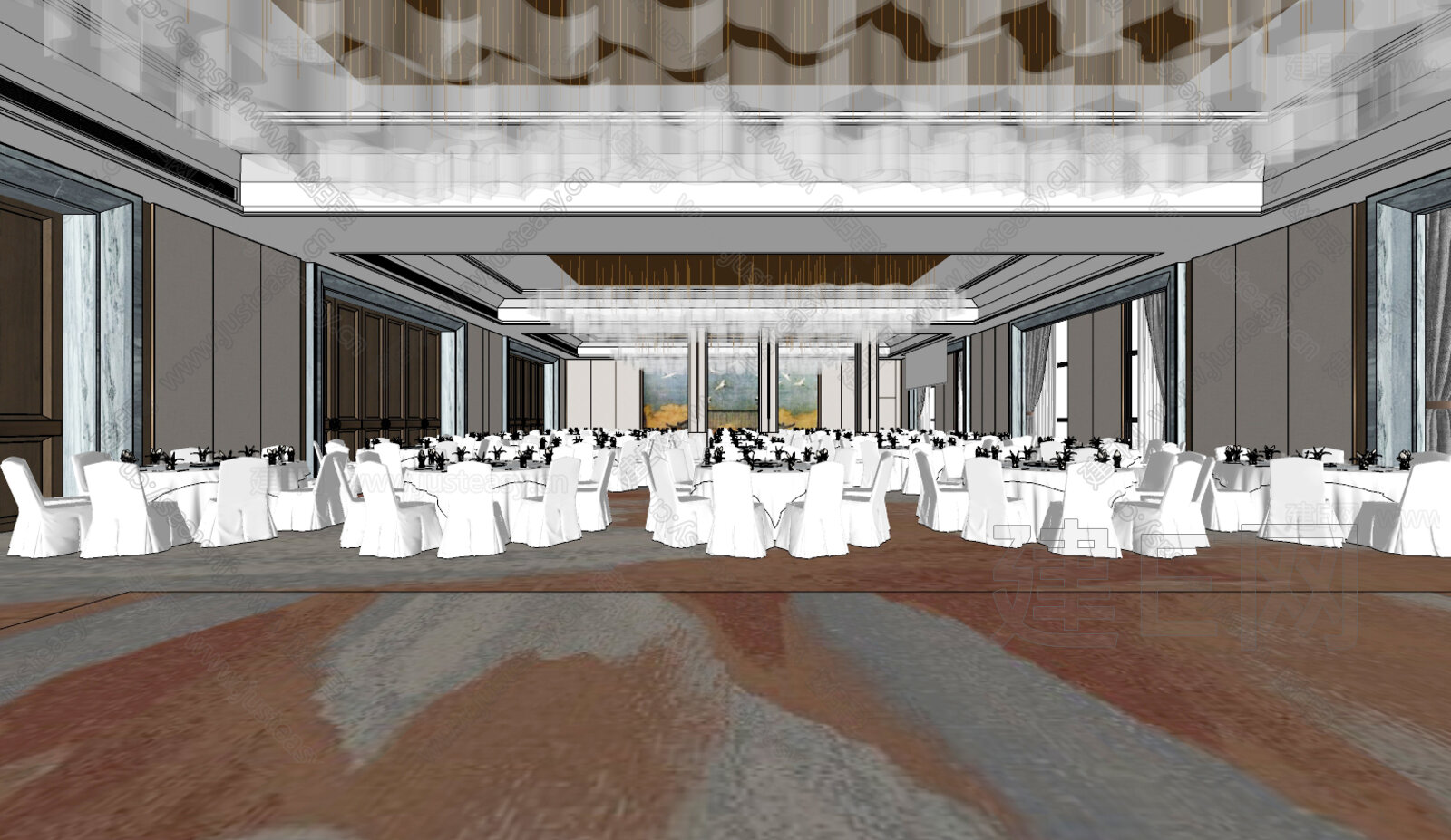 新中式宴会厅模型SU模型下载[ID:108350178]_建E室内设计网