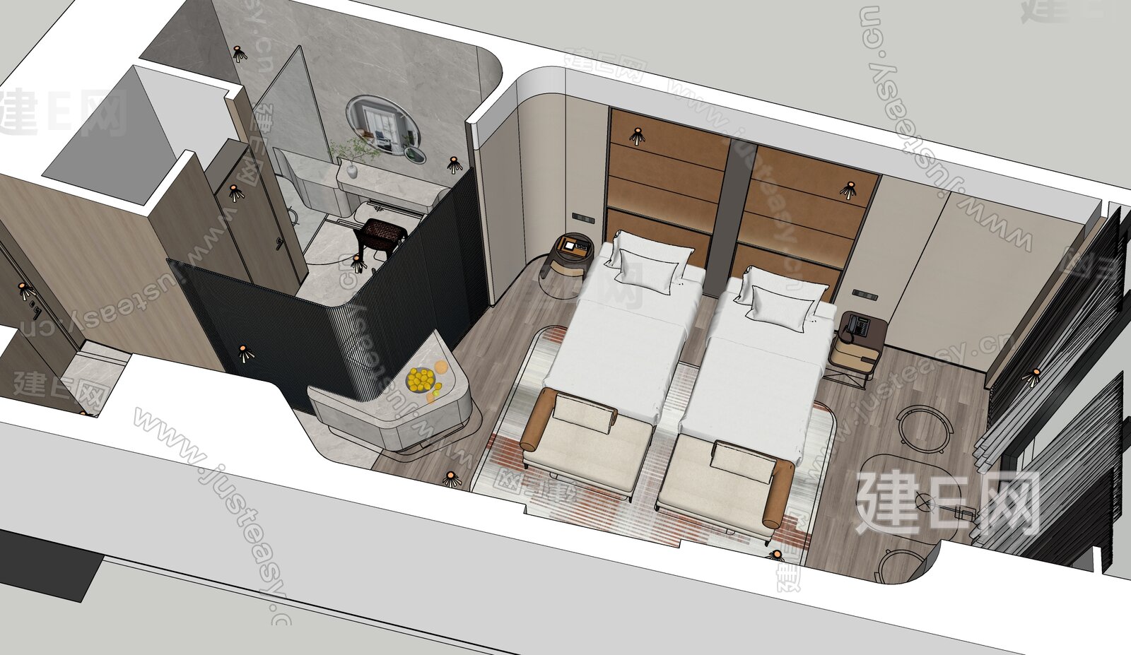 现代酒店客房模型SU模型下载[ID:108284532]_建E室内设计网
