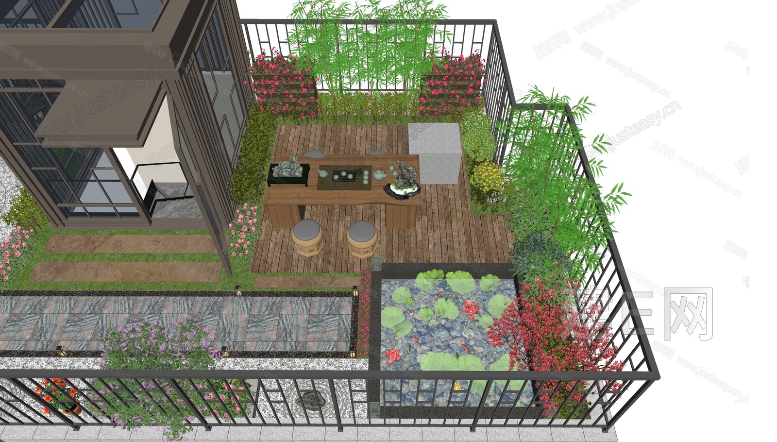 新中式屋顶花园模型SU模型下载[ID:108218902]_建e网su模型