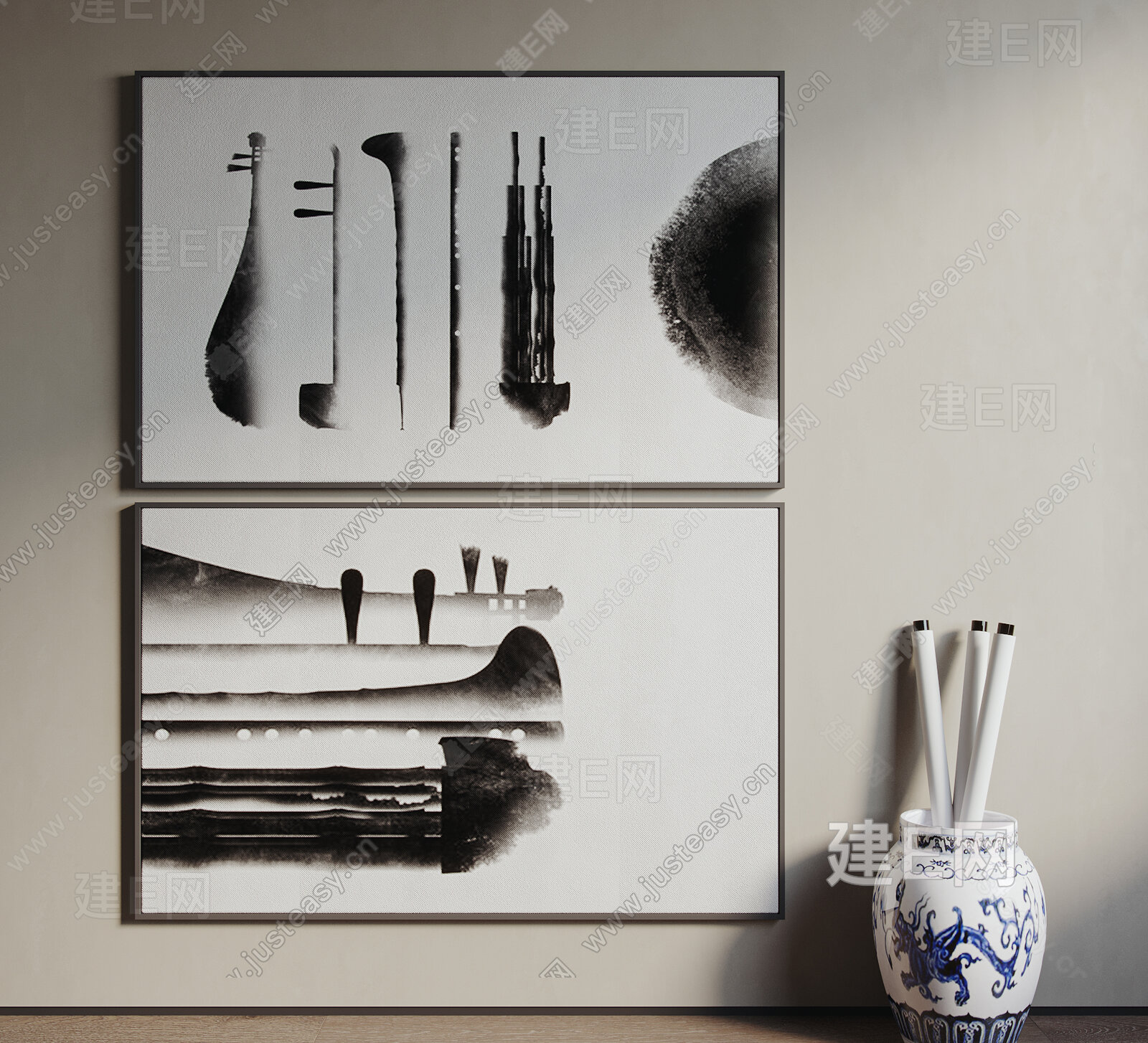 新中式装饰画SU模型下载[ID:109005482]_建E网SU模型库