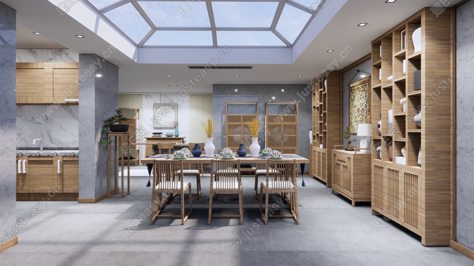 新中式餐厅模型SU模型下载[ID:100878905]_建E室内设计网