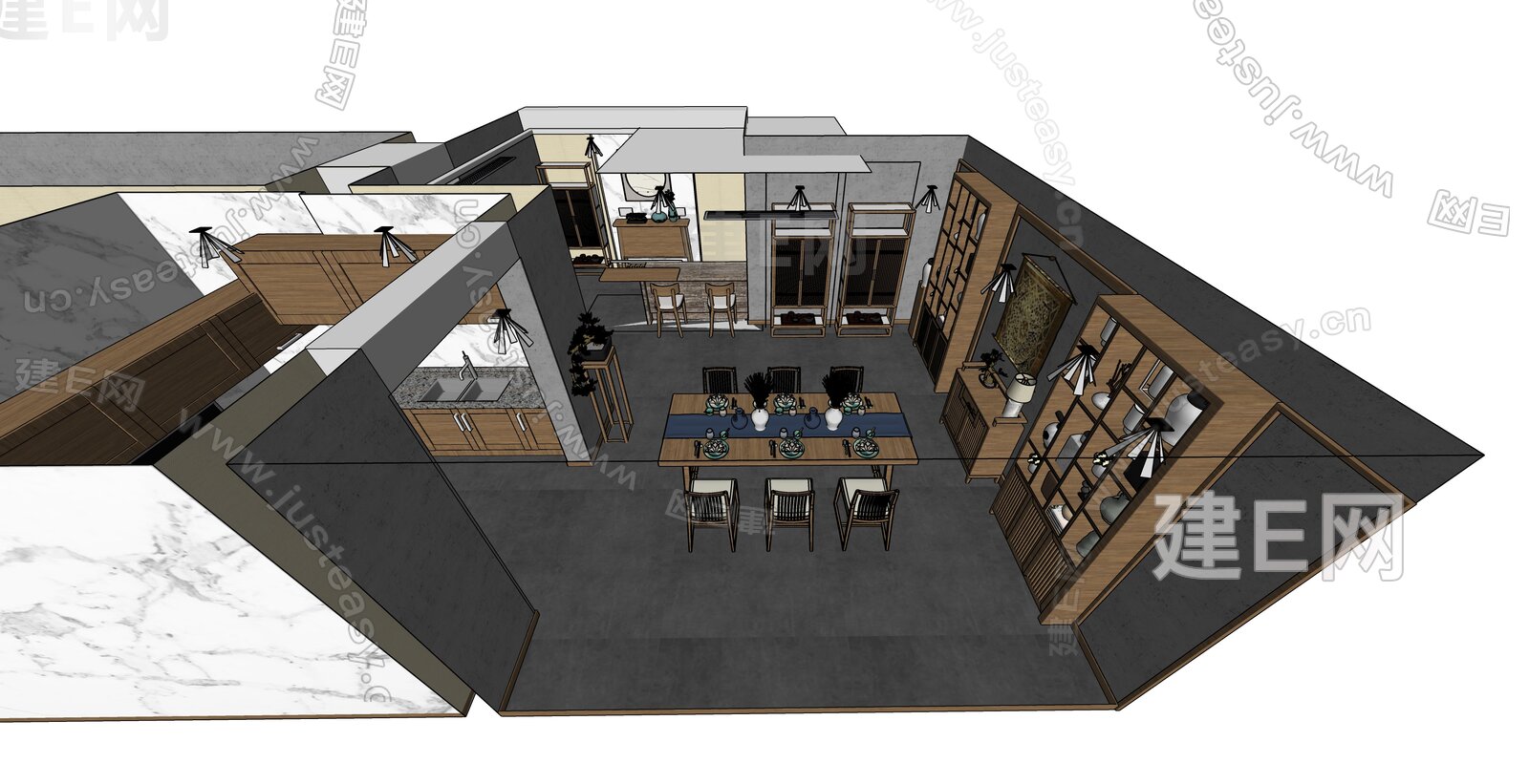 新中式餐厅模型SU模型下载[ID:100878905]_建E室内设计网