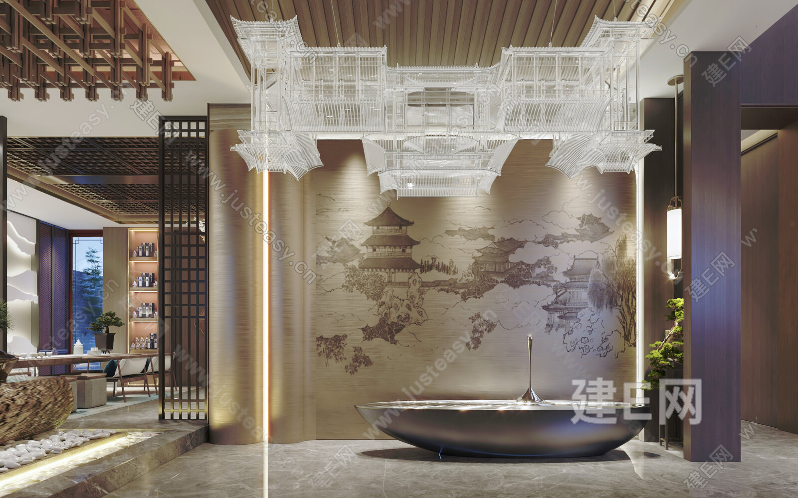 新中式会所大厅3d模型下载[ID:115823255]_建e网3d模型