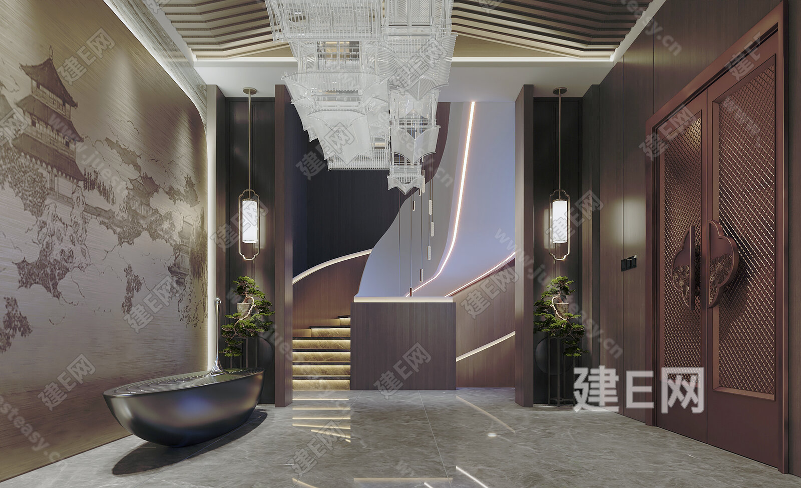新中式会所大厅3d模型下载[ID:115823255]_建e网3d模型