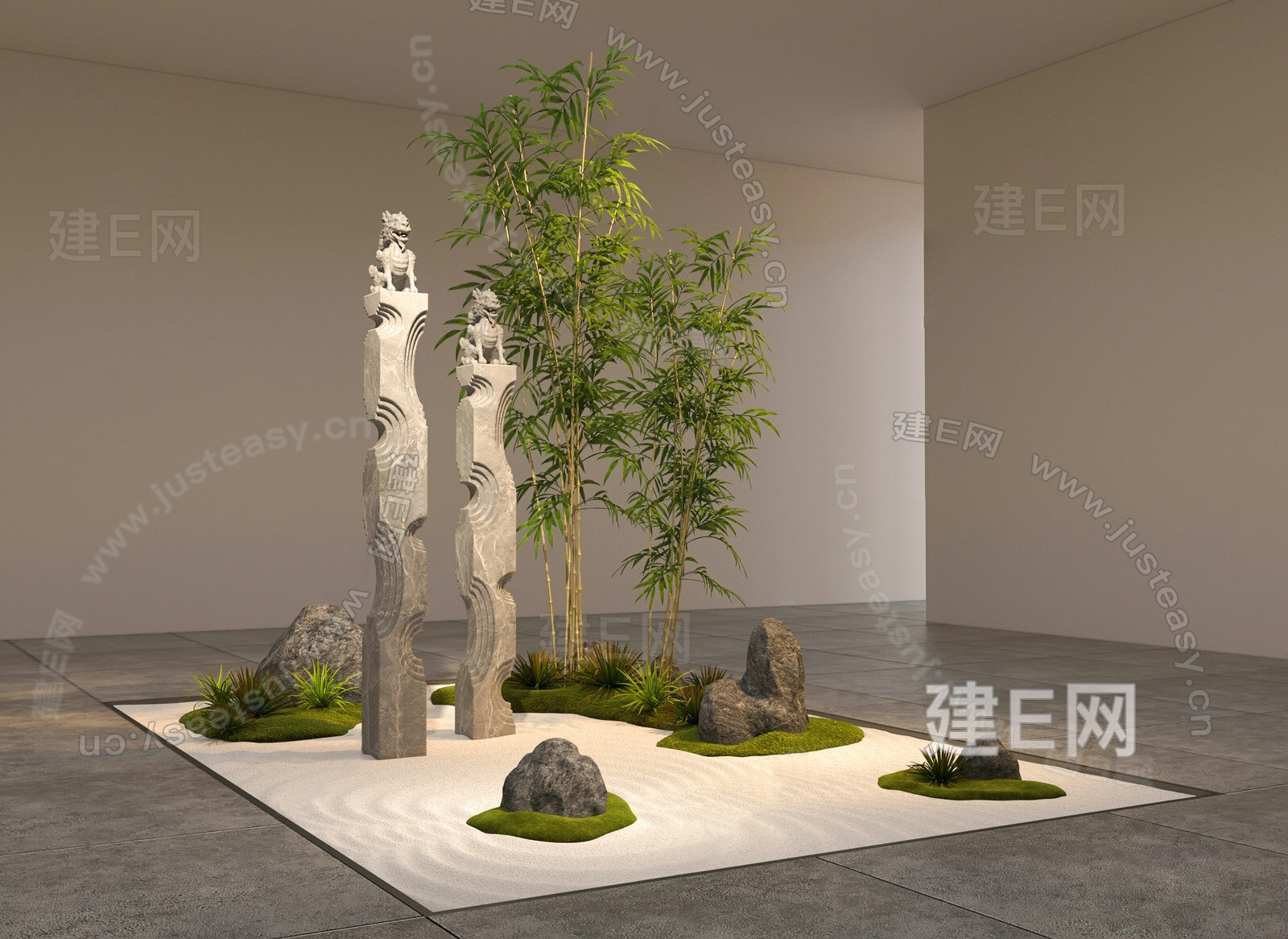 新中式室内景观模型SU模型下载[ID:103172617]_建E室内设计网