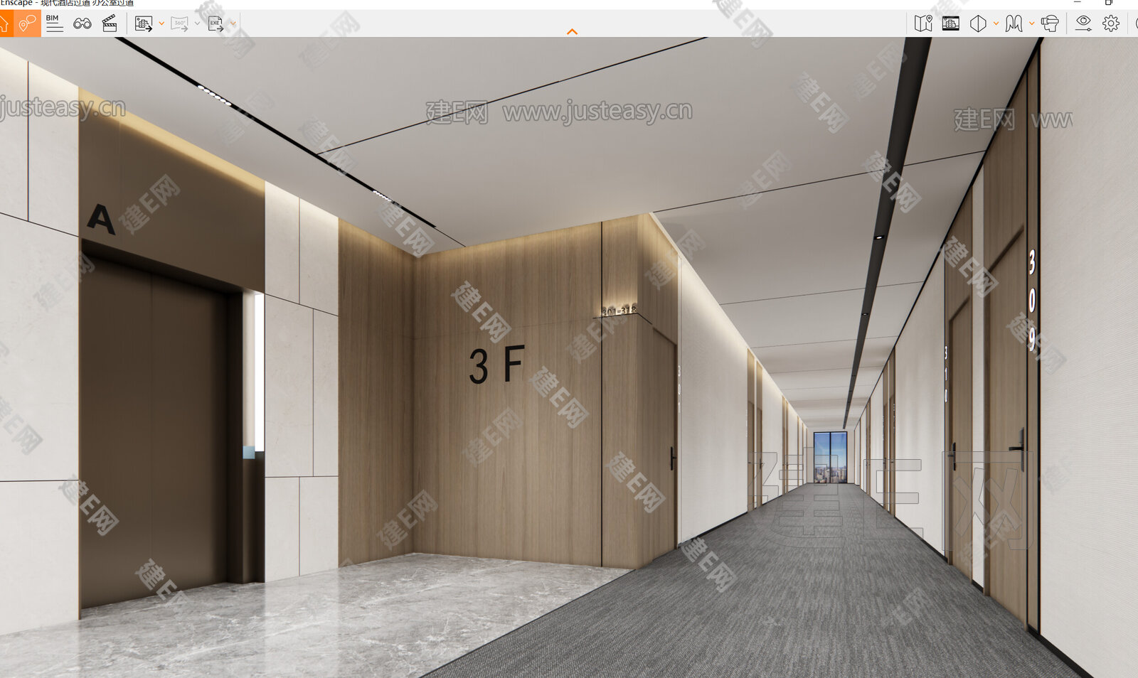 现代酒店过道模型SU模型下载[ID:104221355]_建e网su模型