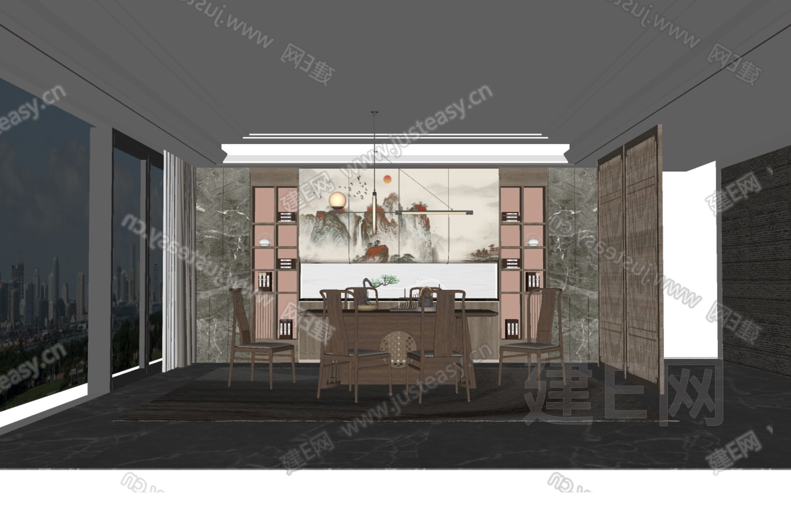 新中式餐厅模型SU模型下载[ID:103828139]_建E室内设计网
