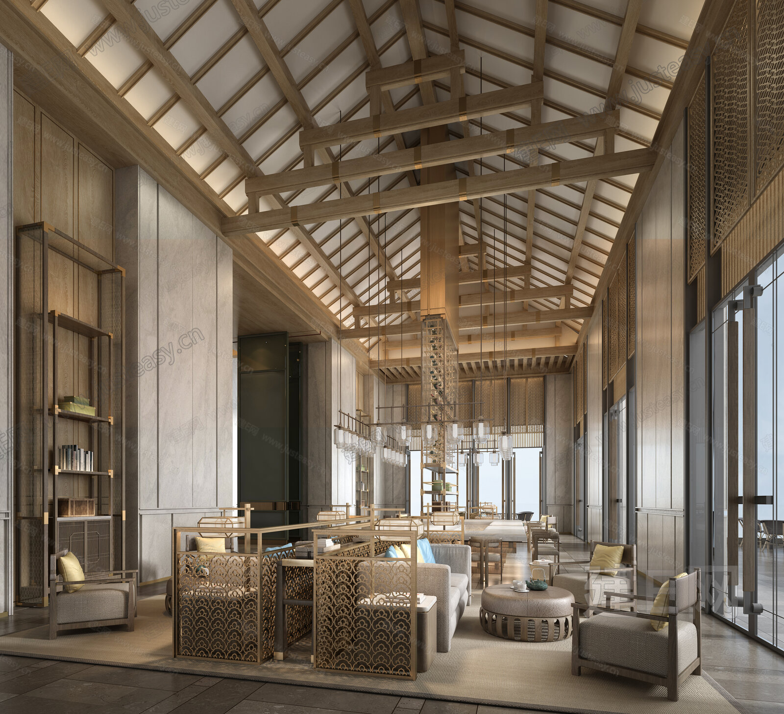 新中式酒店大堂模型SU模型下载[ID:115035804]_建e网su模型