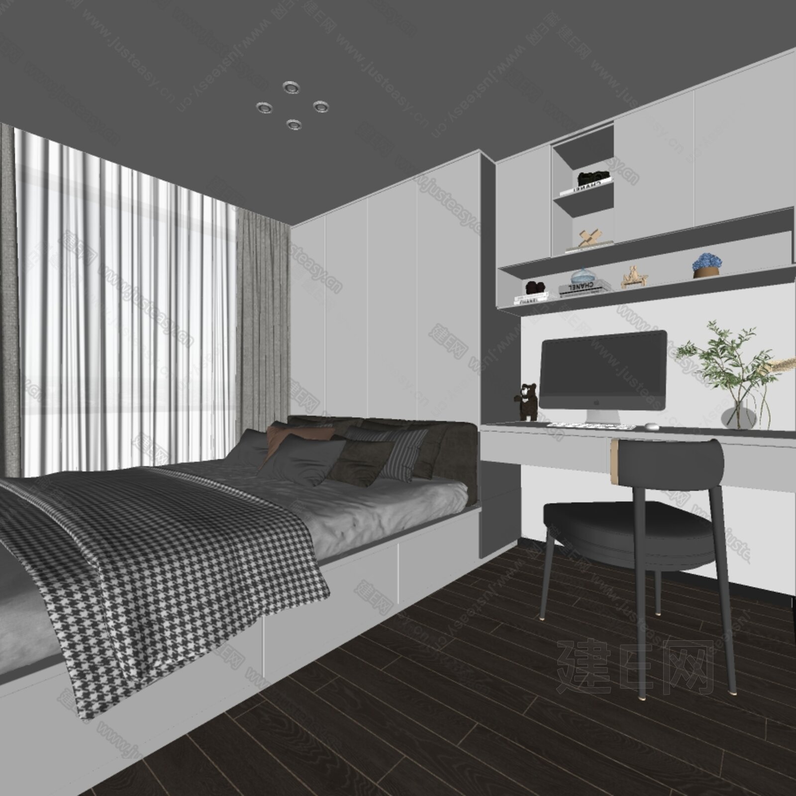 现代榻榻米卧室模型SU模型下载[ID:104483396]_建E室内设计网