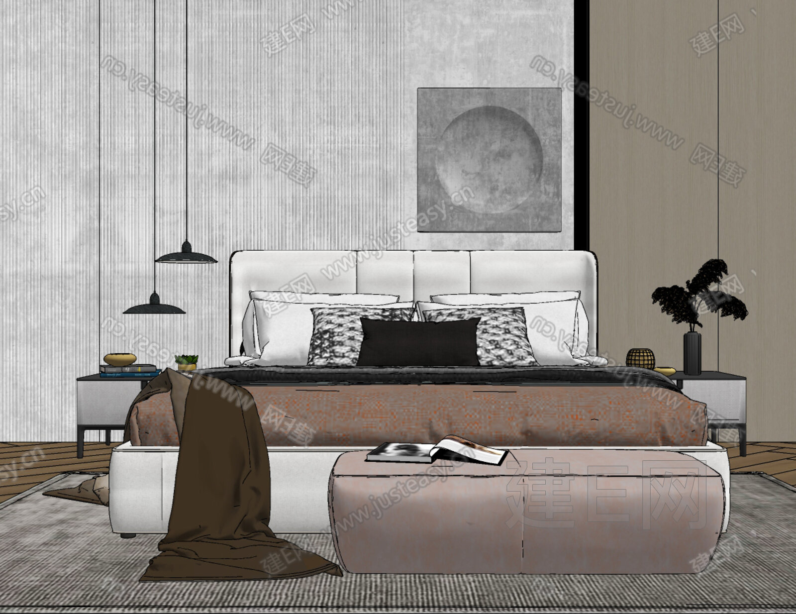现代双人床模型SU模型下载[ID:114838270]_建E室内设计网