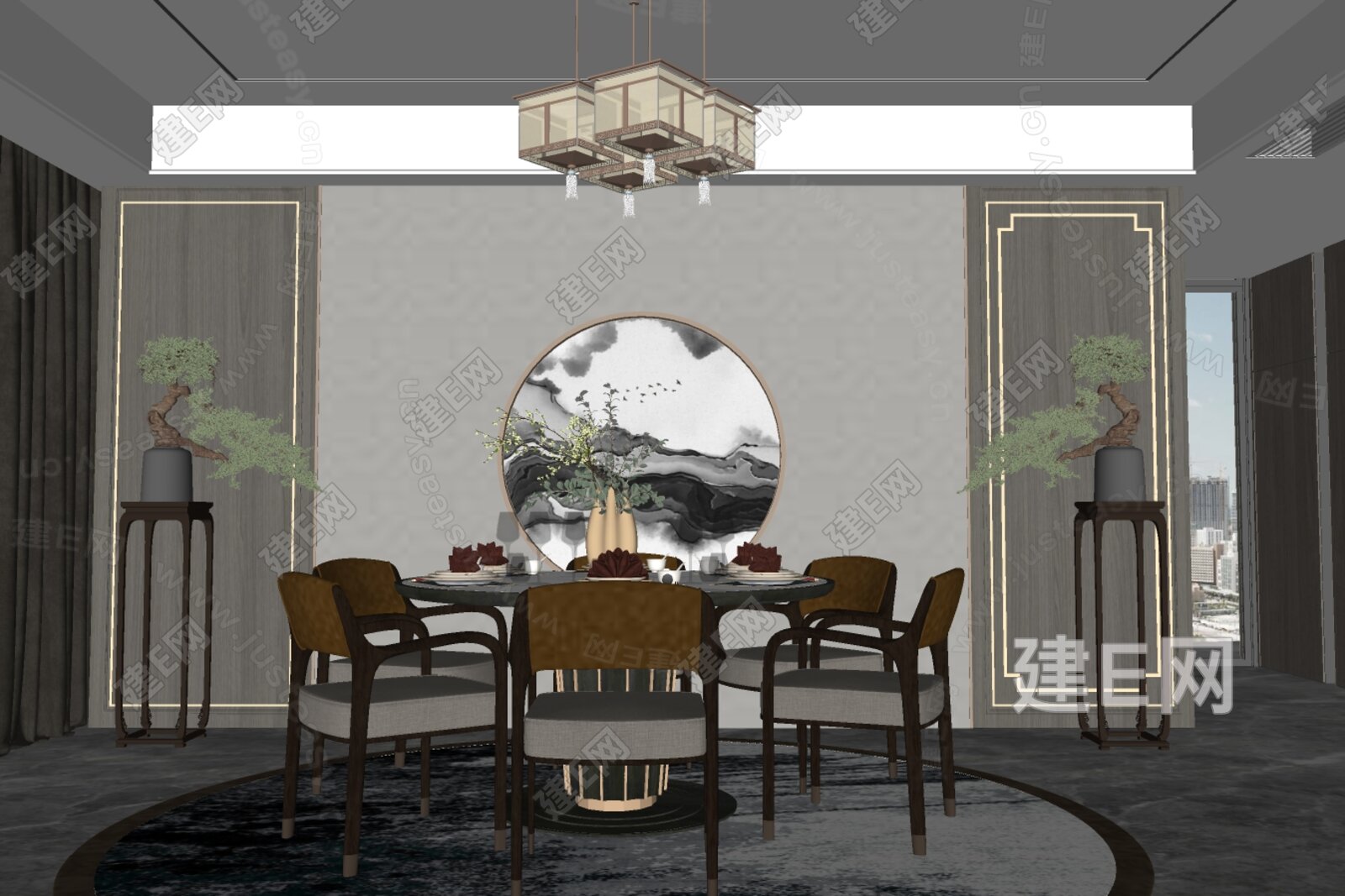 新中式餐厅模型SU模型下载[ID:115821129]_建E室内设计网