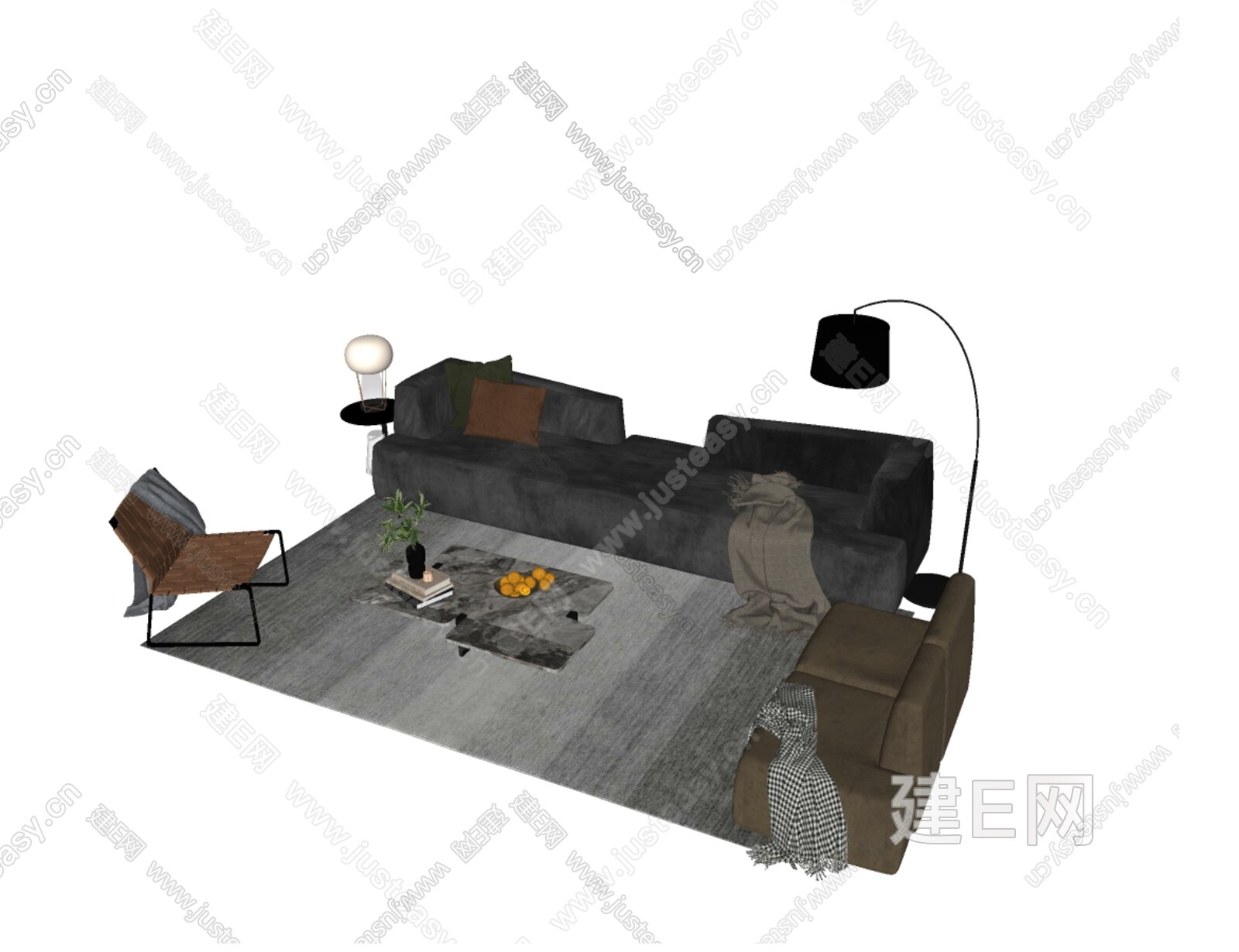 现代沙发茶几组合模型SU模型下载[ID:115428061]_建E室内设计网