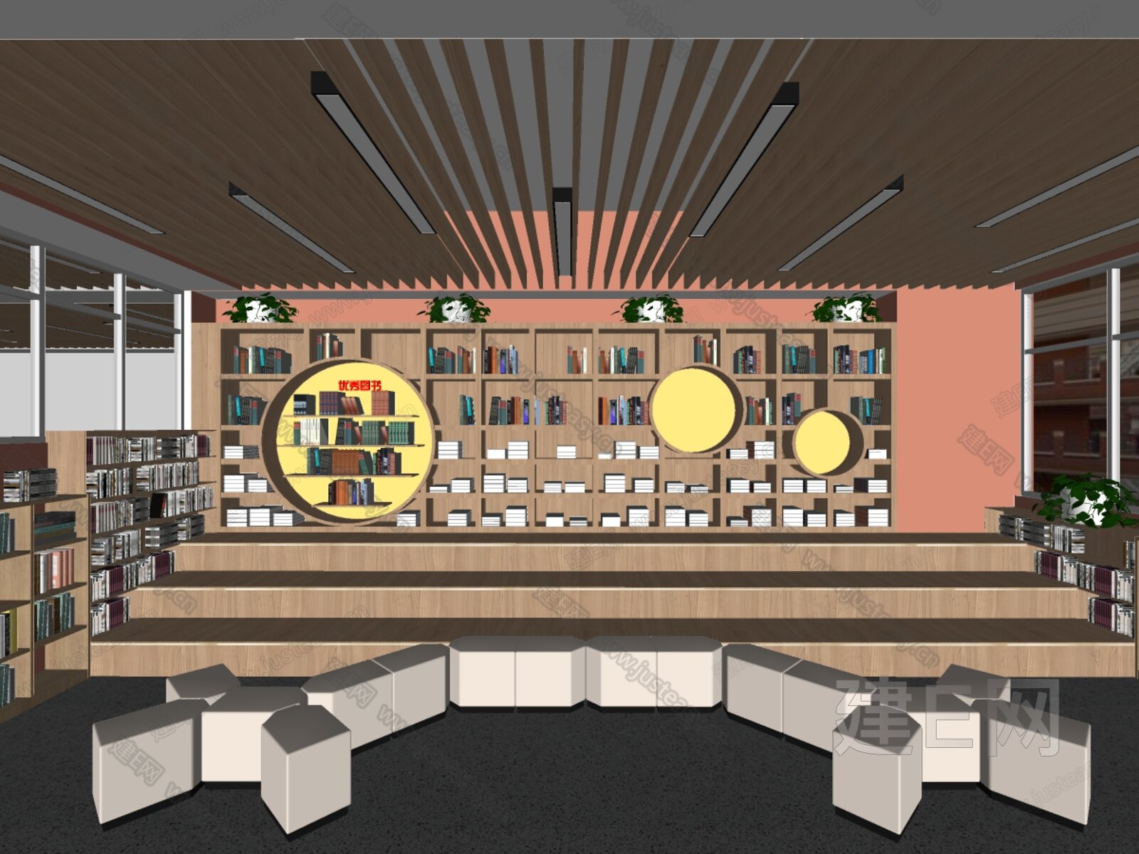 现代图书馆模型SU模型下载[ID:115559128]_建E室内设计网