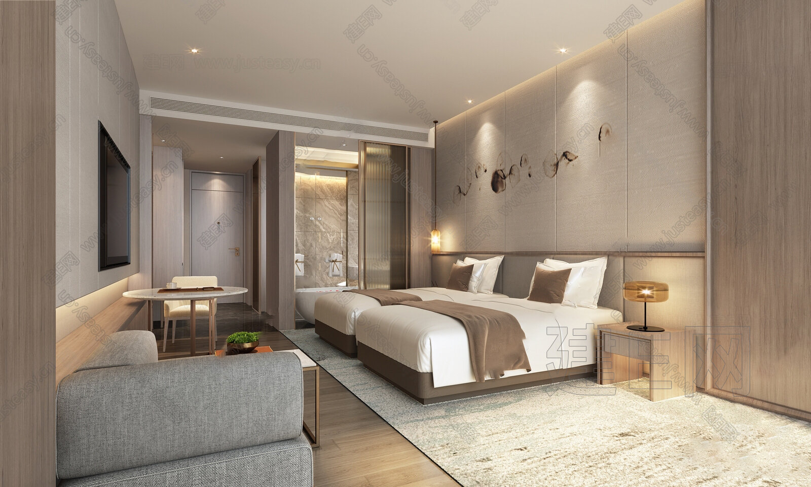 新中式酒店客房3d模型下载[ID:111039190]_建e网3d模型