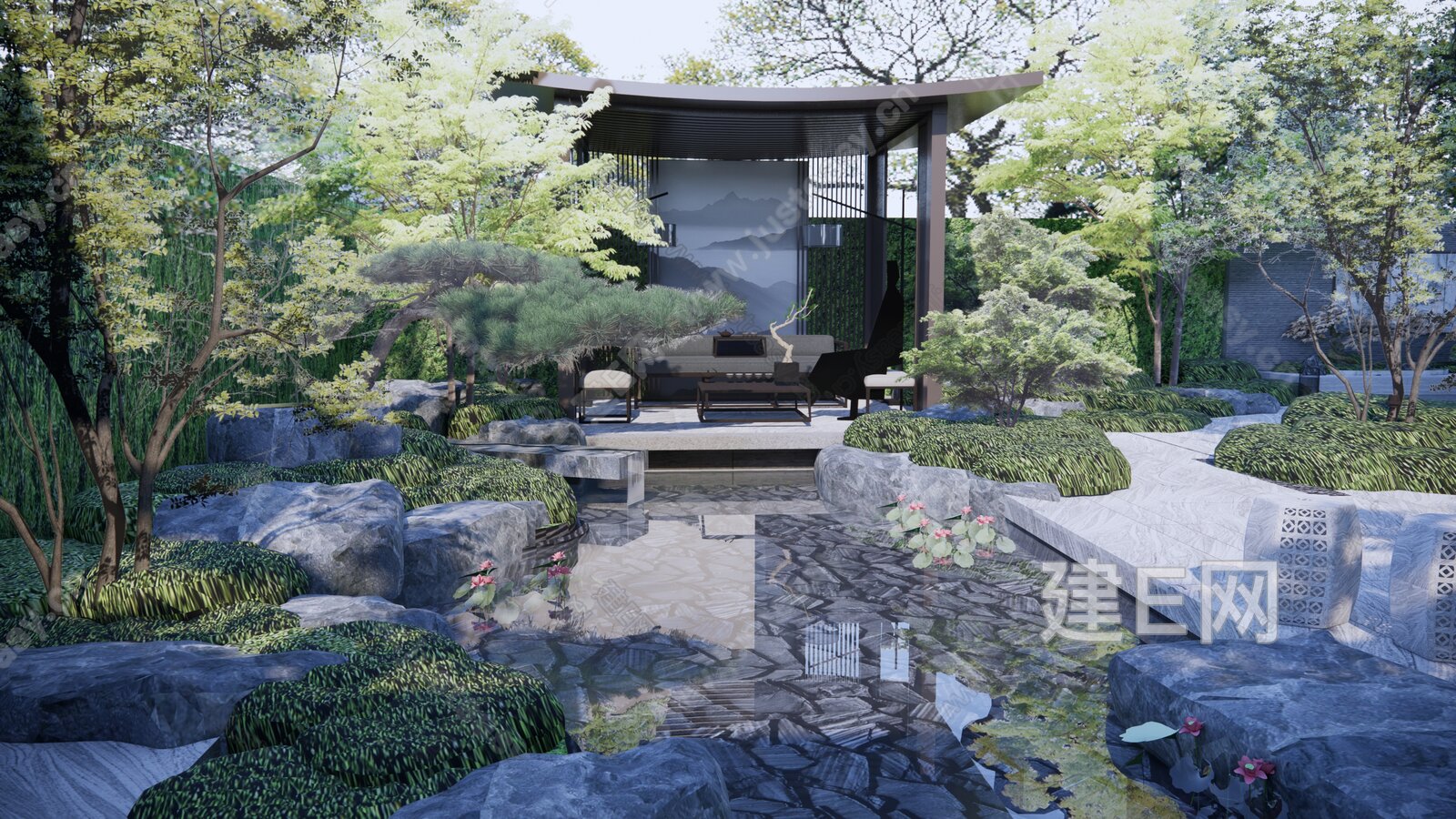 新中式别墅庭院模型SU模型下载[ID:110184995]_建E室内设计网
