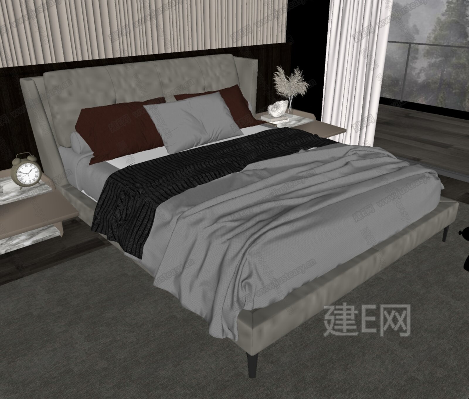 现代双人床模型SU模型下载[ID:110840573]_建E室内设计网