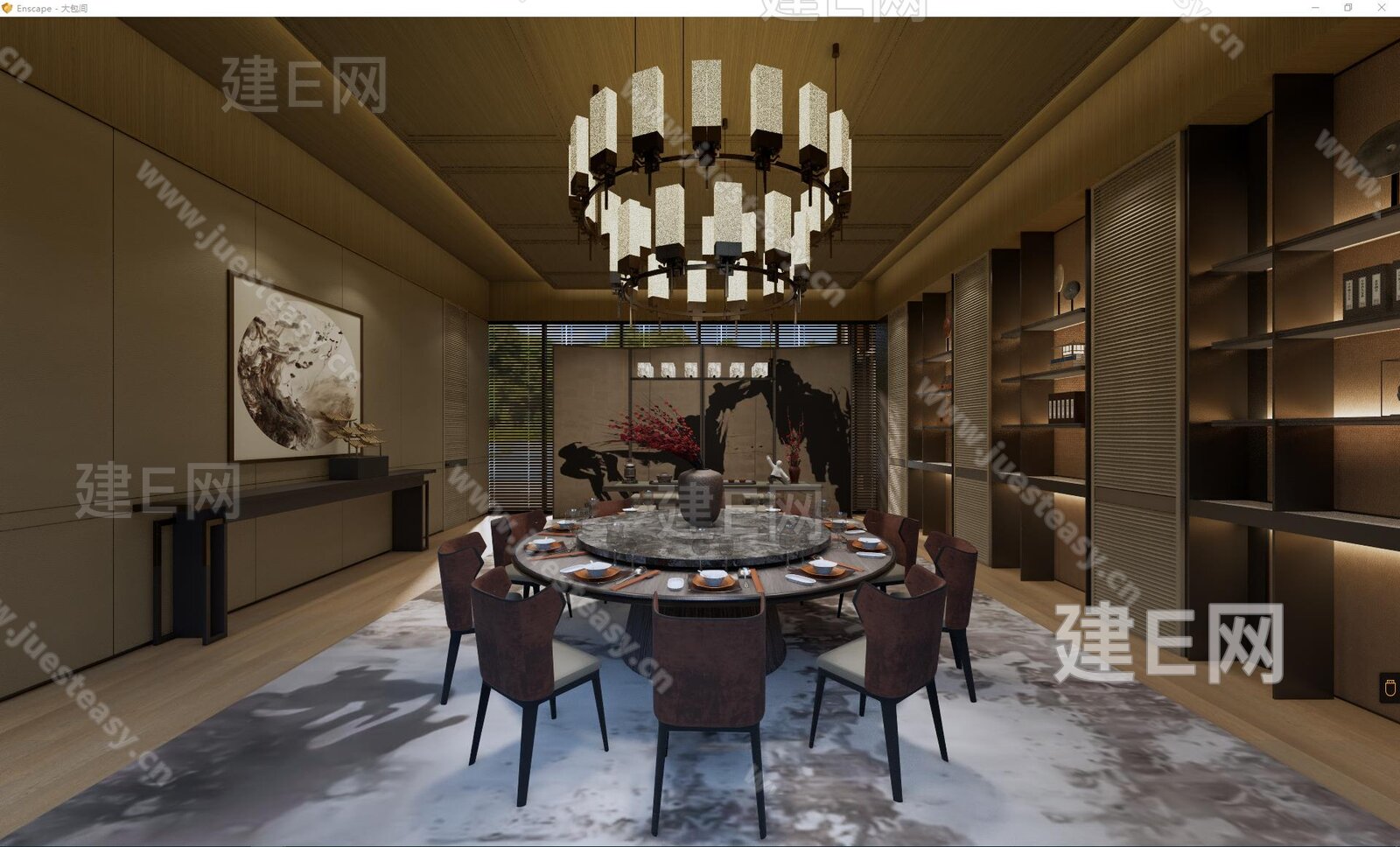 新中式包间空间设计模型SU模型下载[ID:110840446]_建e网su模型