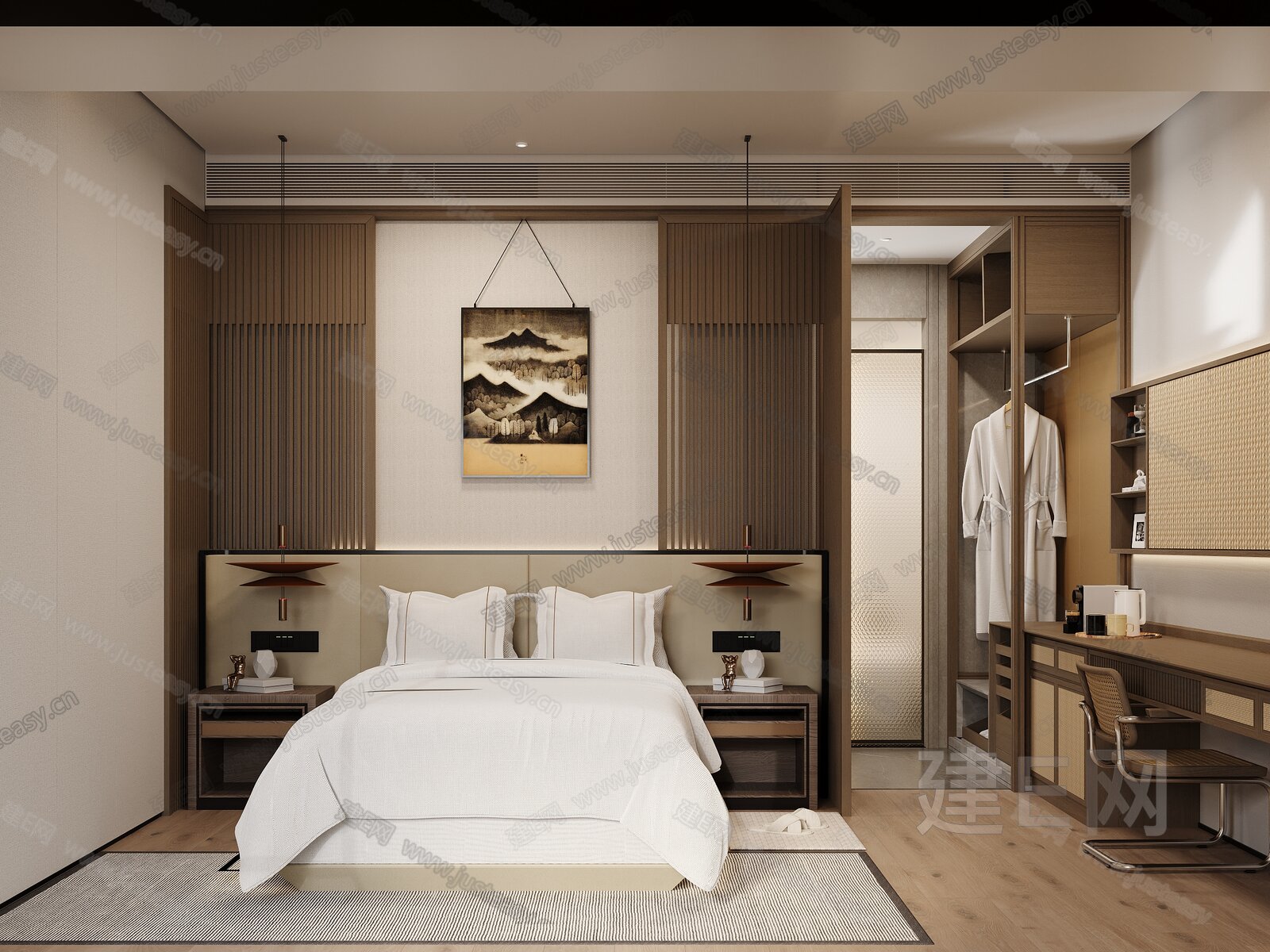 【新中式酒店客房3d模型】建e网_新中式酒店客房3d模型下载[ID:105010534]_打造3d新中式酒店客房模型免费下载平台