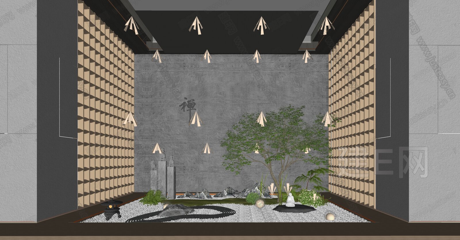 新中式室内景观模型SU模型下载[ID:105794981]_建E室内设计网