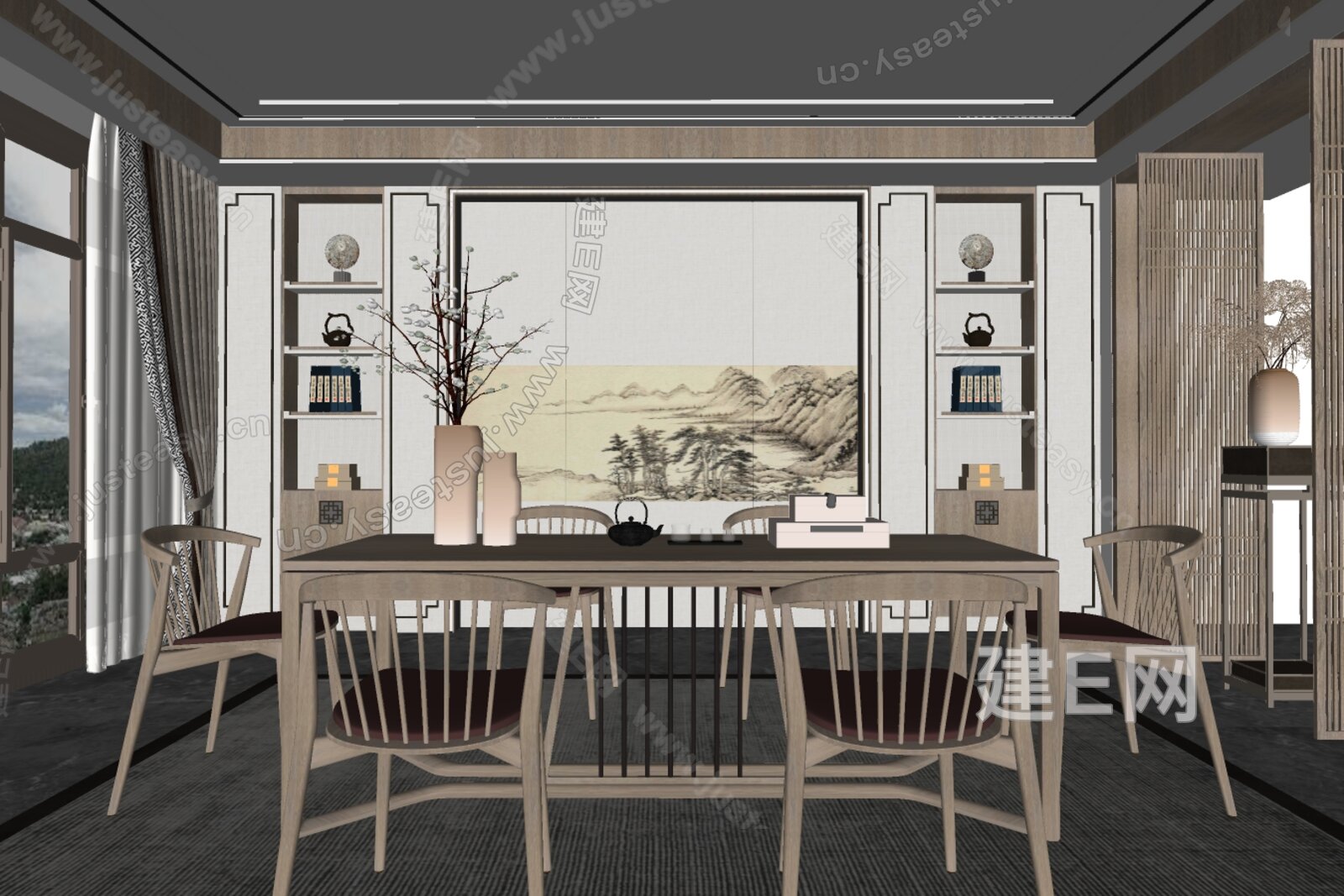 新中式餐厅模型SU模型下载[ID:106778105]_建E室内设计网