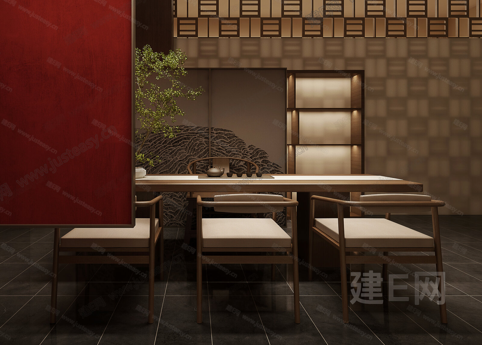元筑设计 新中式餐厅模型SU模型下载[ID:108416266]_建E室内设计网