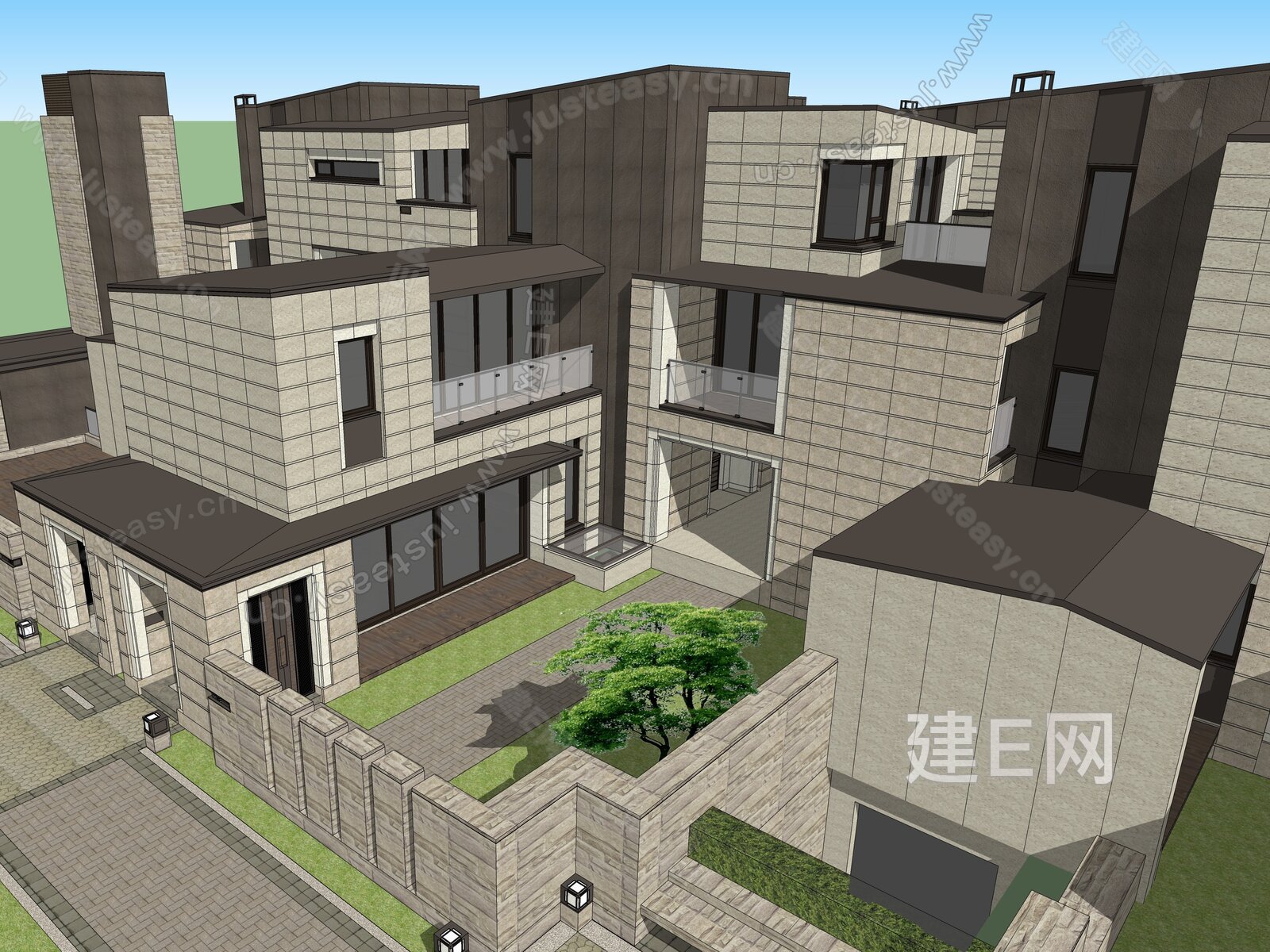 新中式别墅模型SU模型下载[ID:108088783]_建e网su模型