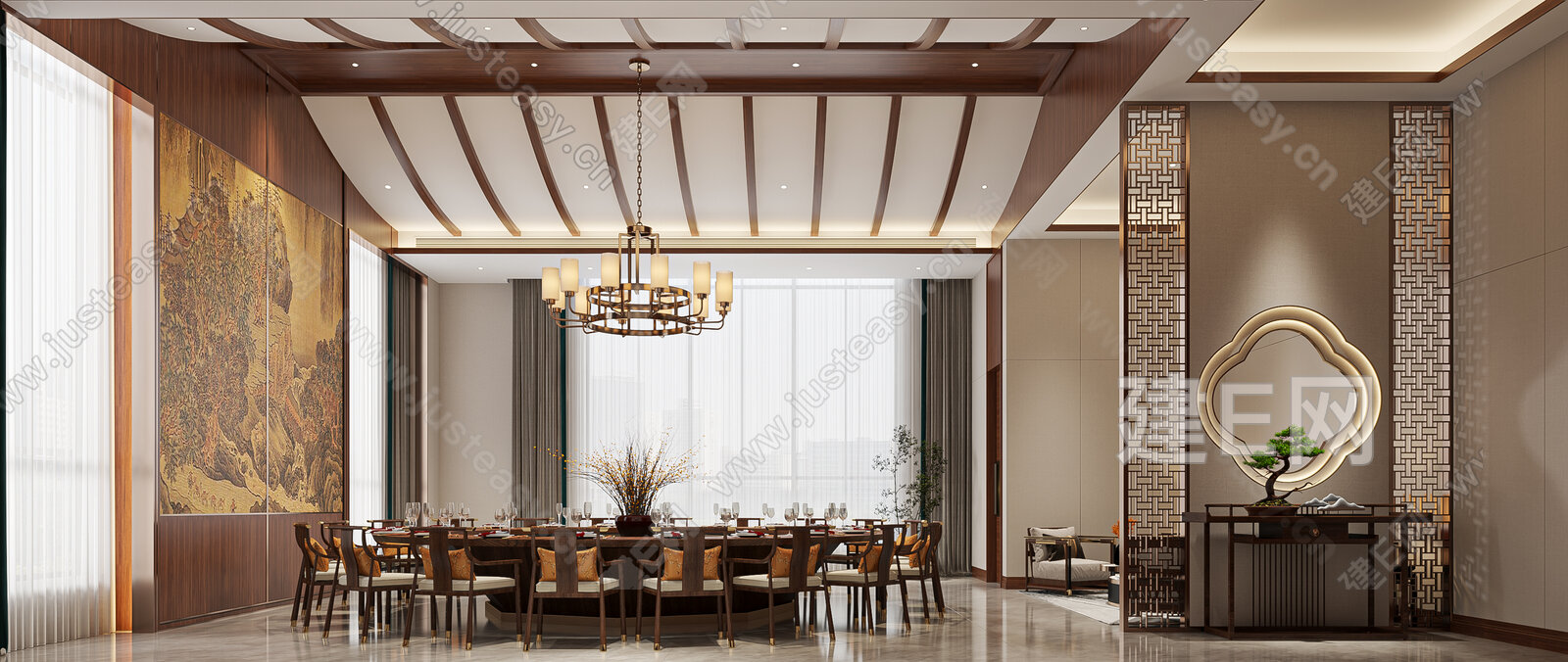 新中式餐厅包间模型SU模型下载[ID:101076407]_建E室内设计网