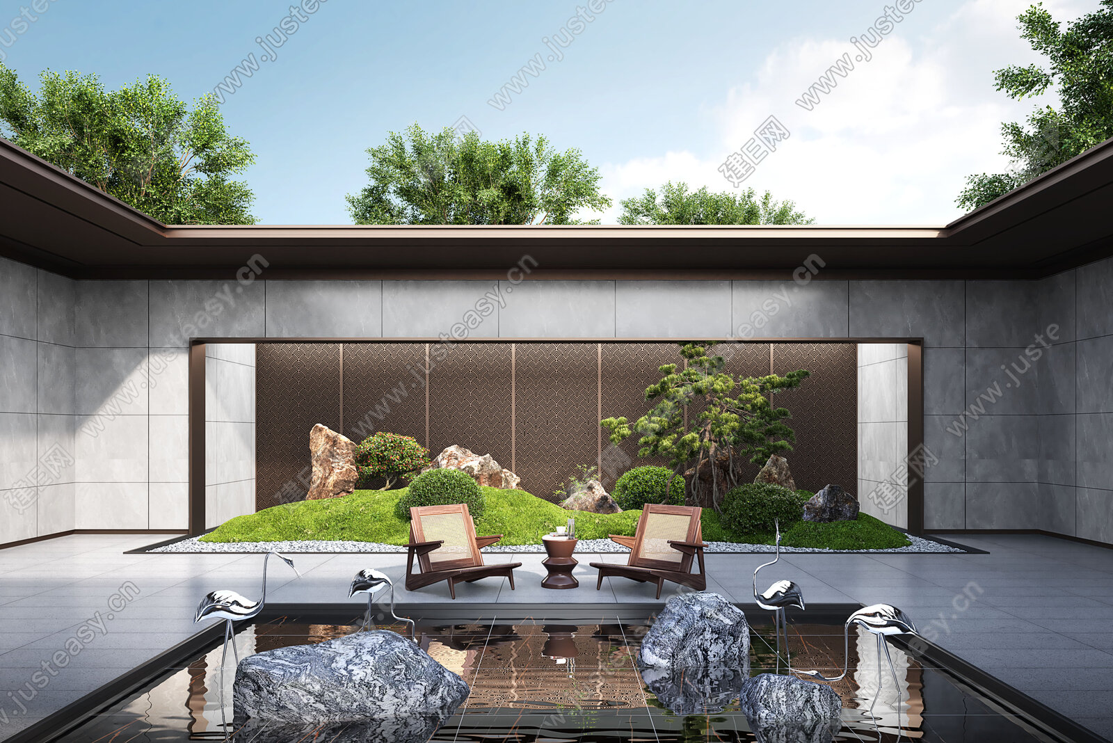 新中式庭院景观3d模型下载[ID:102520277]_建e网3d模型