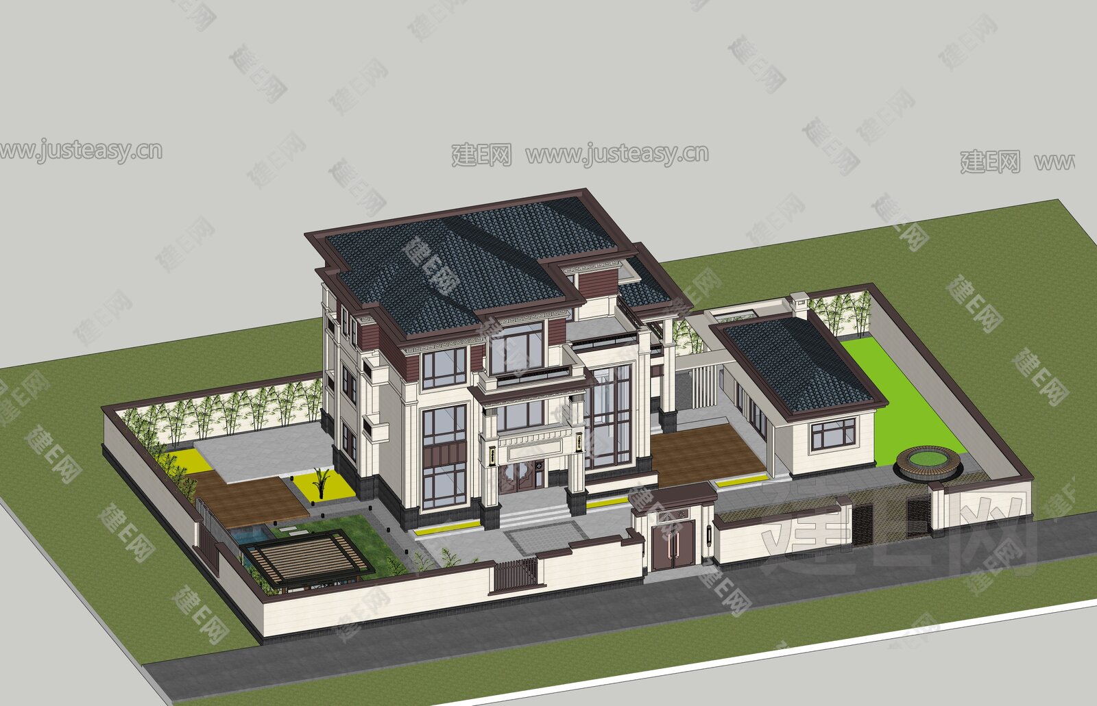 新中式别墅模型SU模型下载[ID:102190385]_建e网su模型