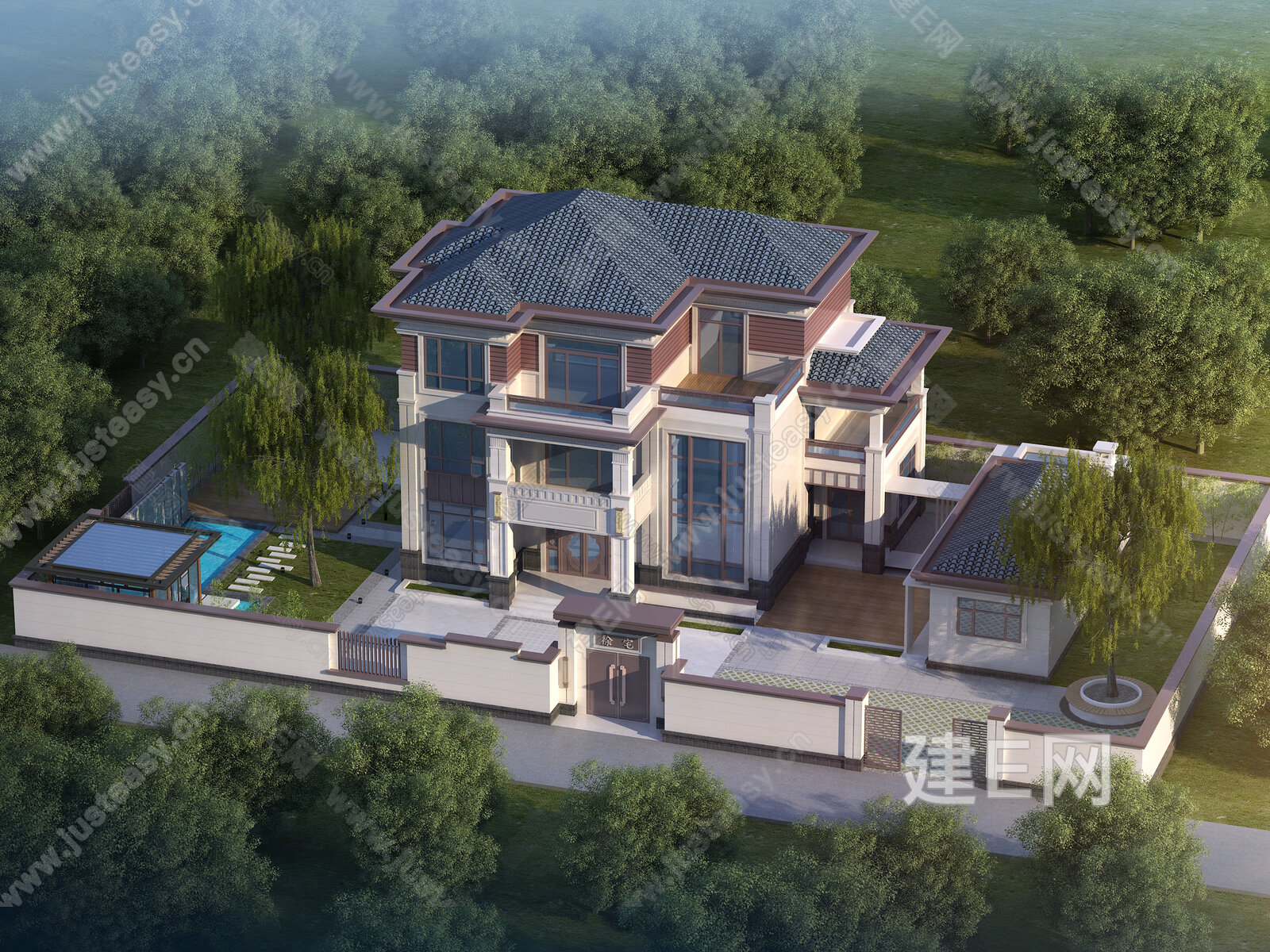 新中式别墅模型SU模型下载[ID:102190385]_建e网su模型