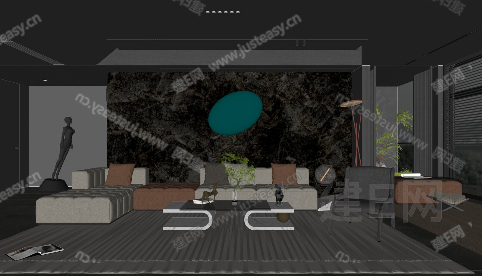 现代客厅模型SU模型下载[ID:101862758]_建E室内设计网