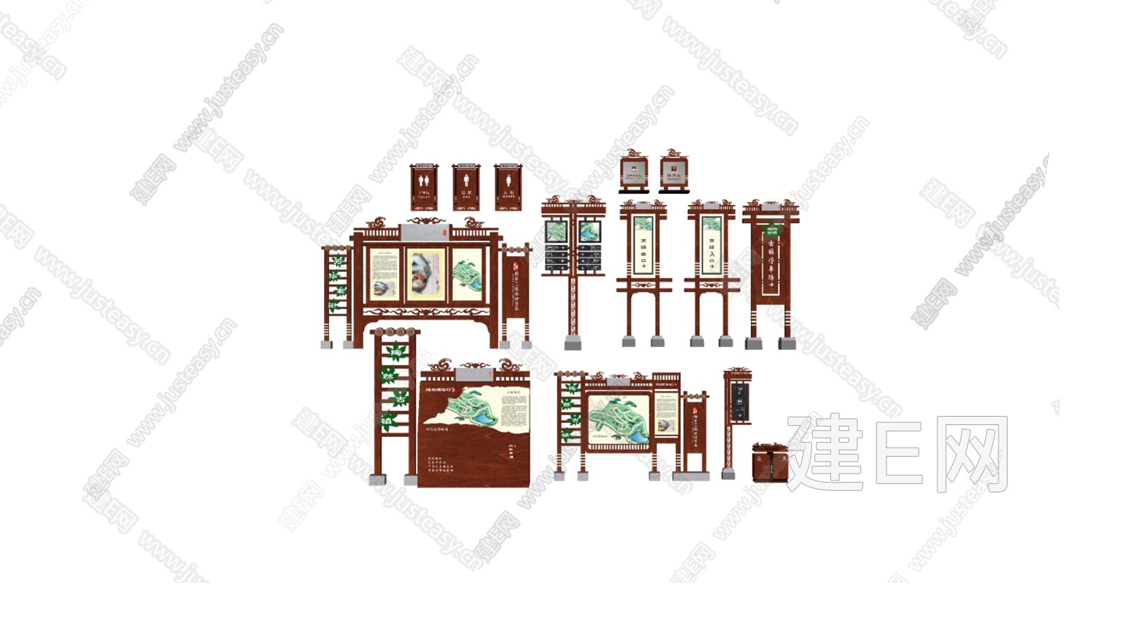 新中式古镇景区指示牌模型SU模型下载[ID:102452704]_建E室内设计网