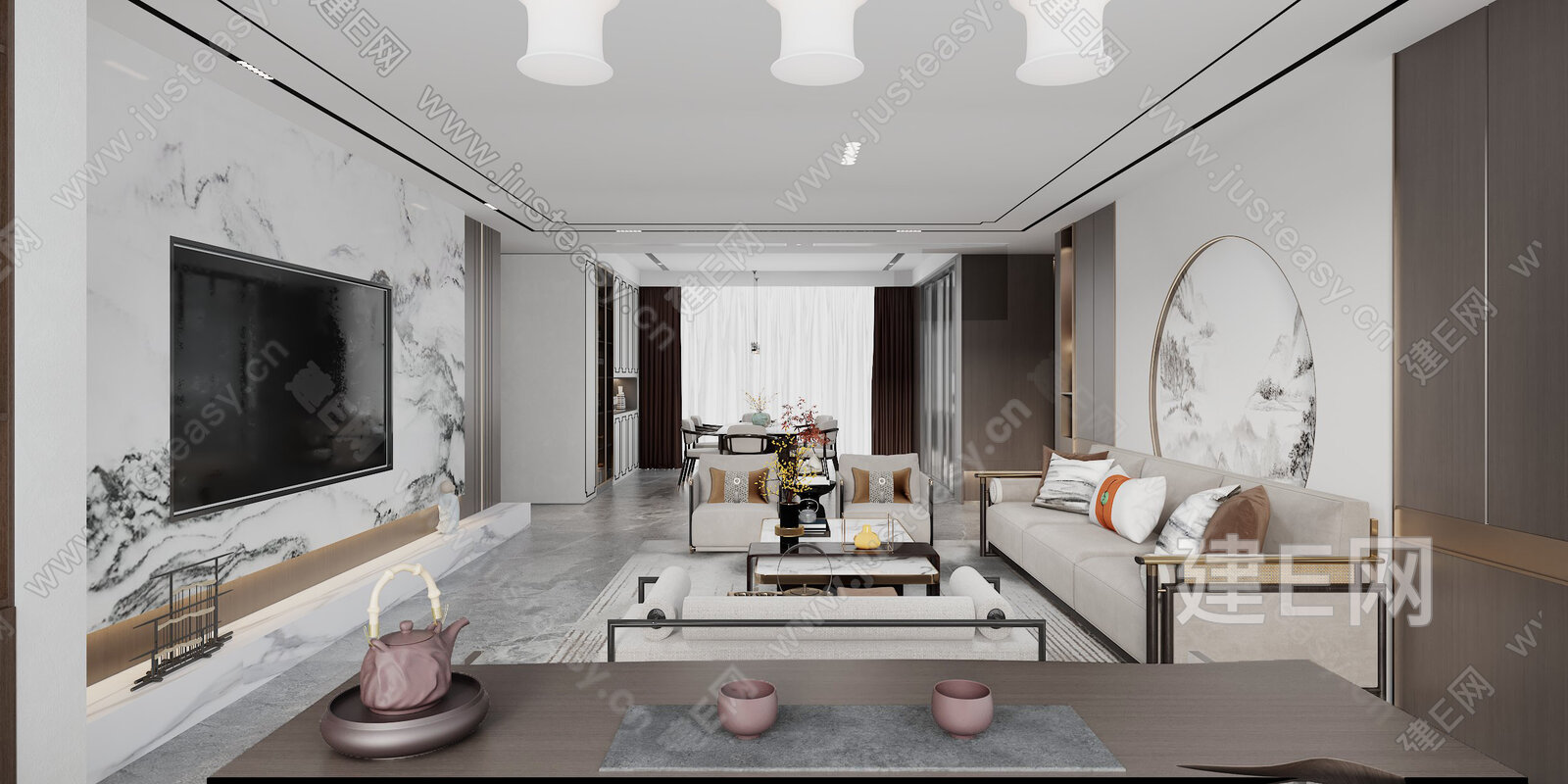 【新中式家居客厅3d模型】建e网_新中式家居客厅3d模型下载[ID:104027457]_打造3d新中式家居客厅模型免费下载平台