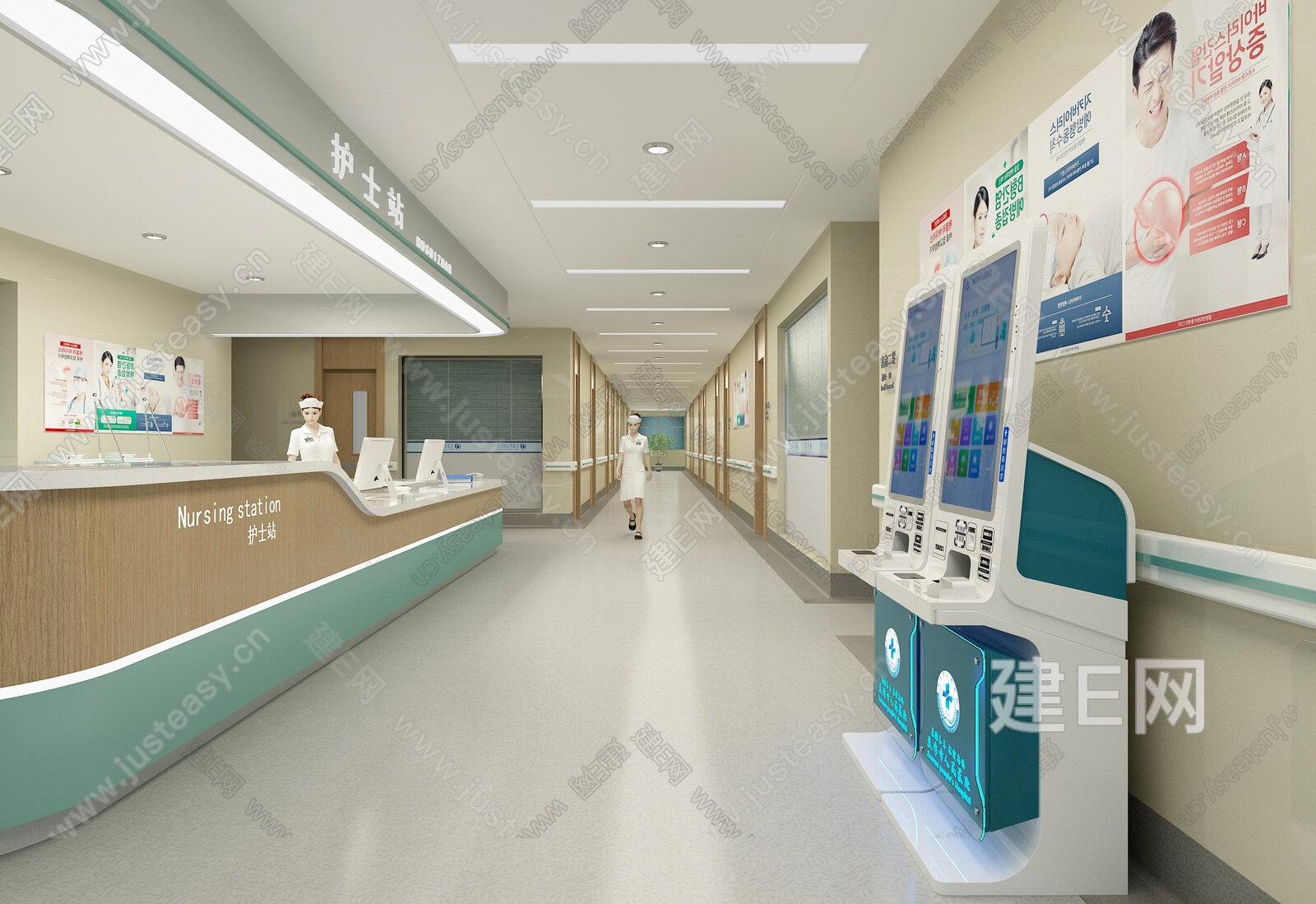 【现代医院走廊护士台3d模型】建E网_现代医院走廊护士台3d模型下载[ID:104551727]_打造3d现代医院走廊护士台模型免费下载平台