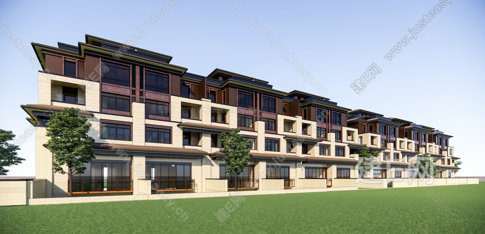 新中式联排别墅模型SU模型下载[ID:104680803]_建e网su模型