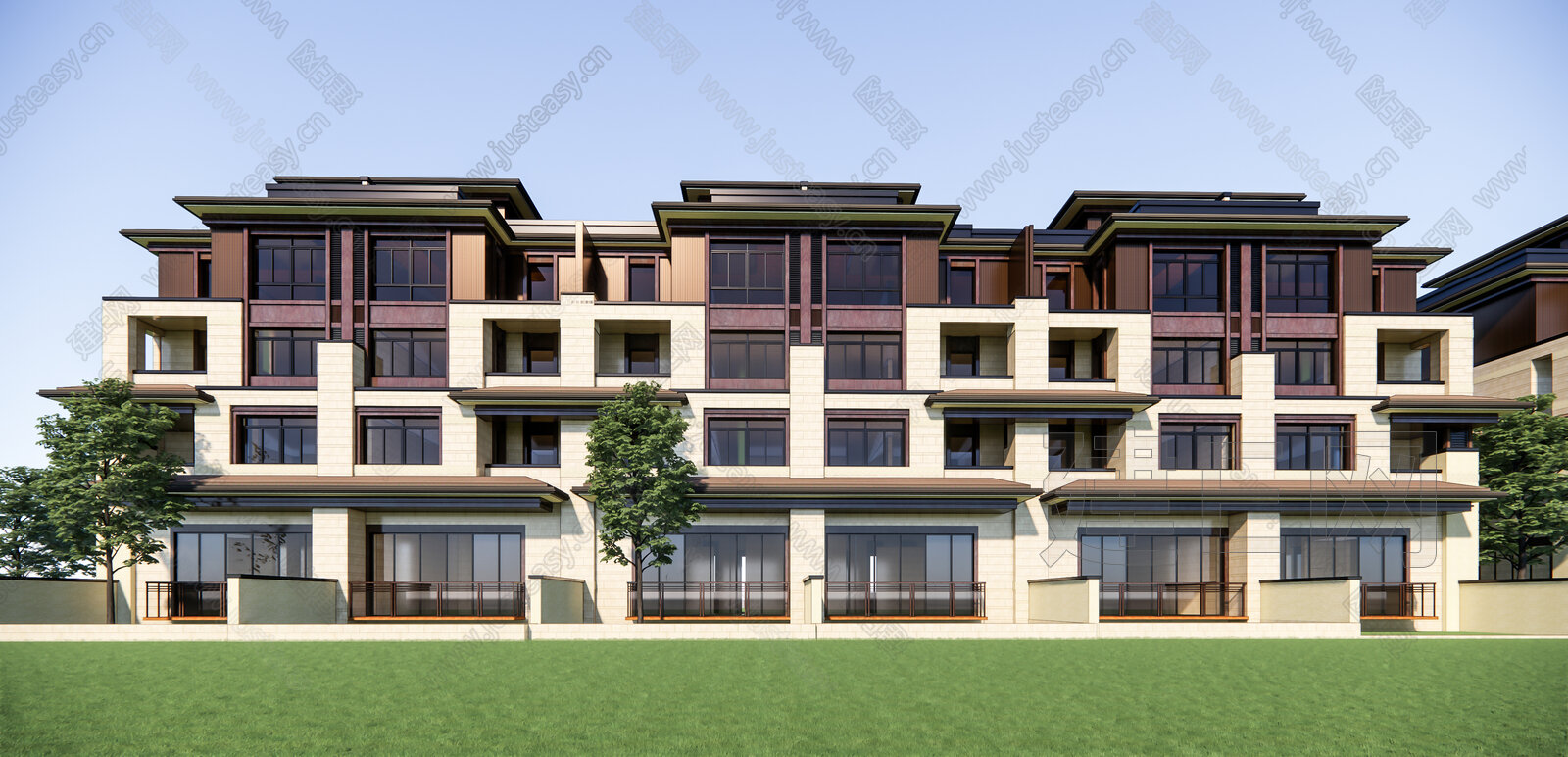 新中式联排别墅模型SU模型下载[ID:104680803]_建e网su模型