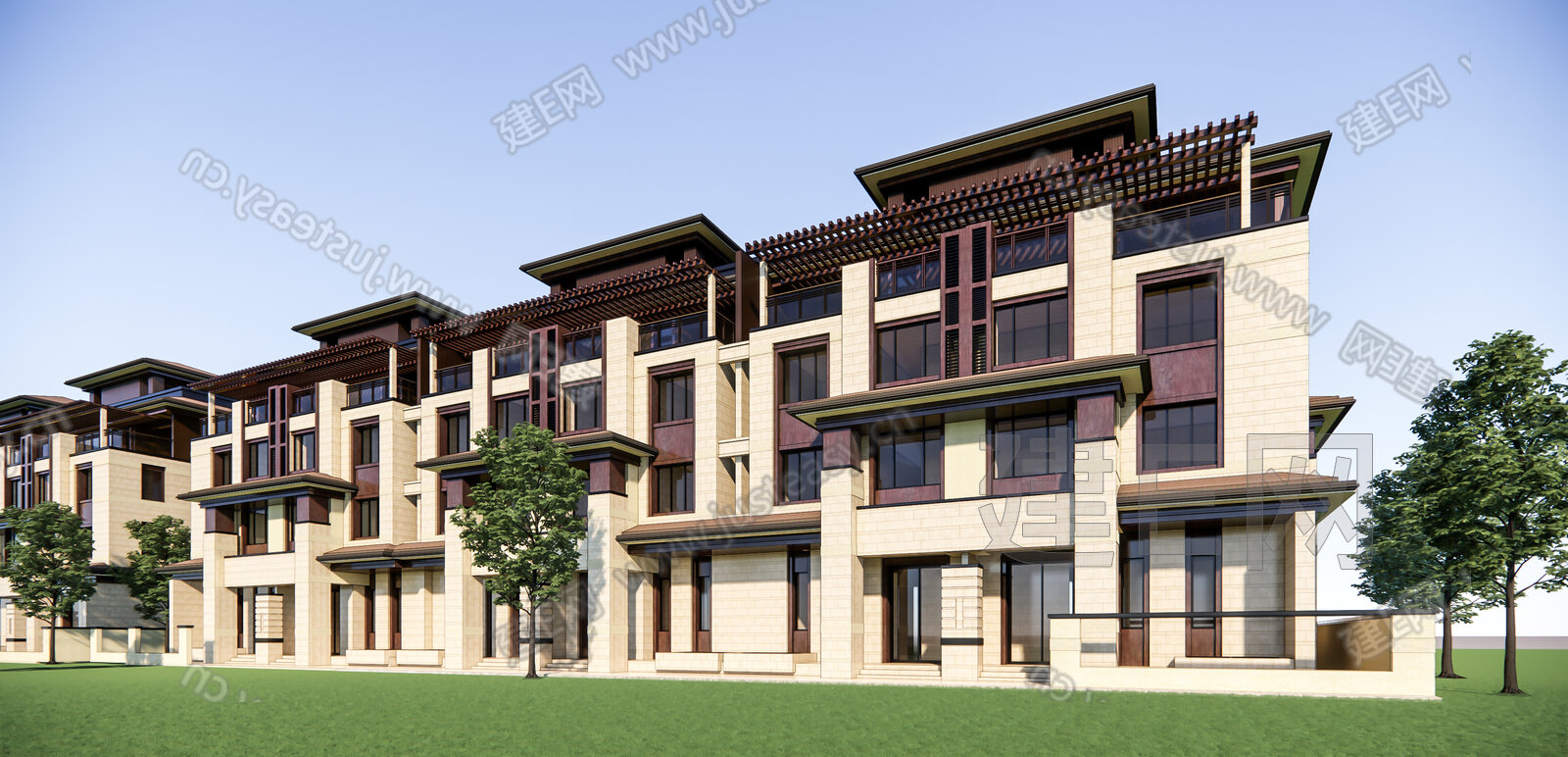 新中式联排别墅模型SU模型下载[ID:104680803]_建e网su模型