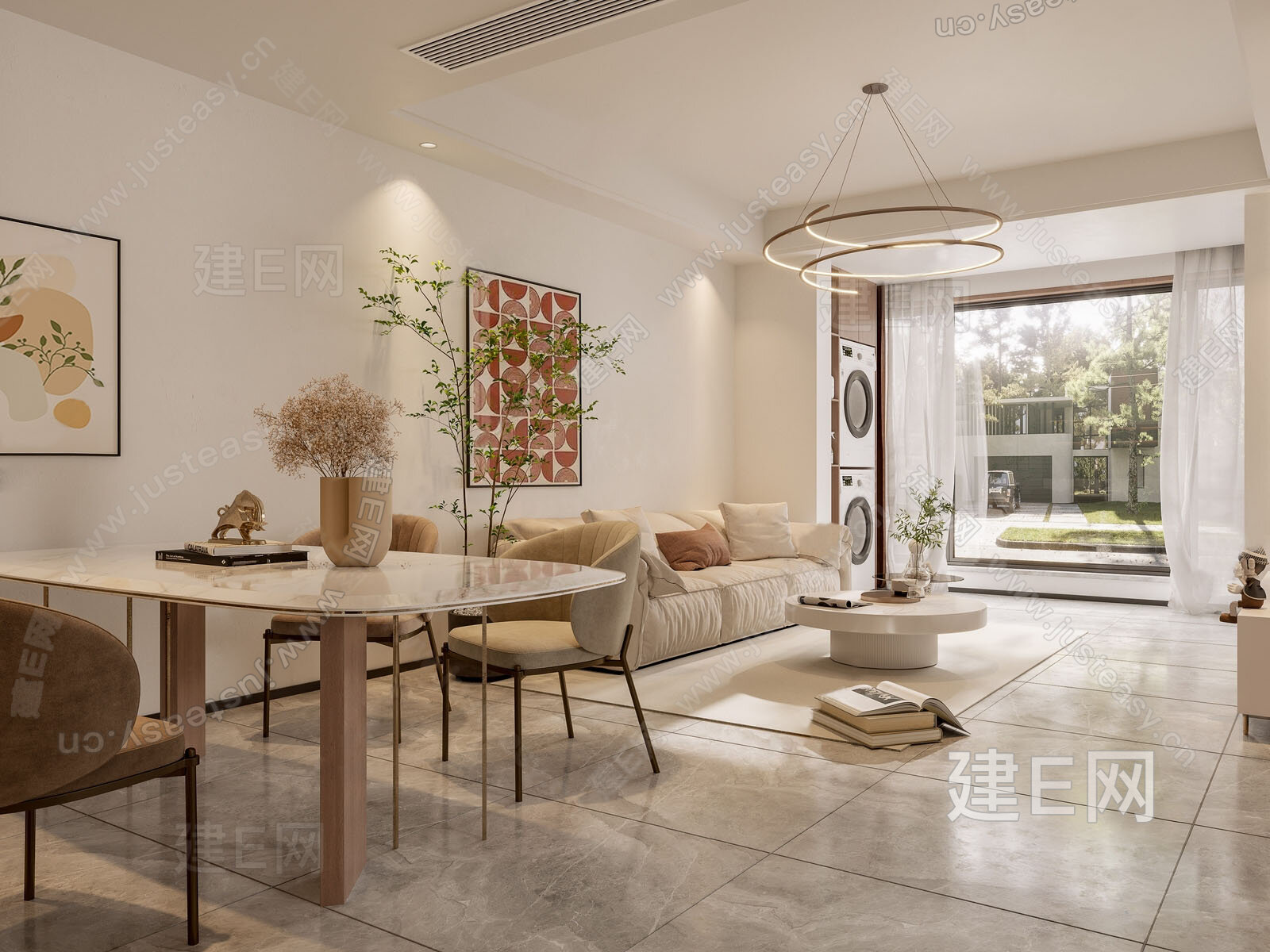 现代奶油风客餐厅3d模型下载[ID:114513348]_建e网3d模型