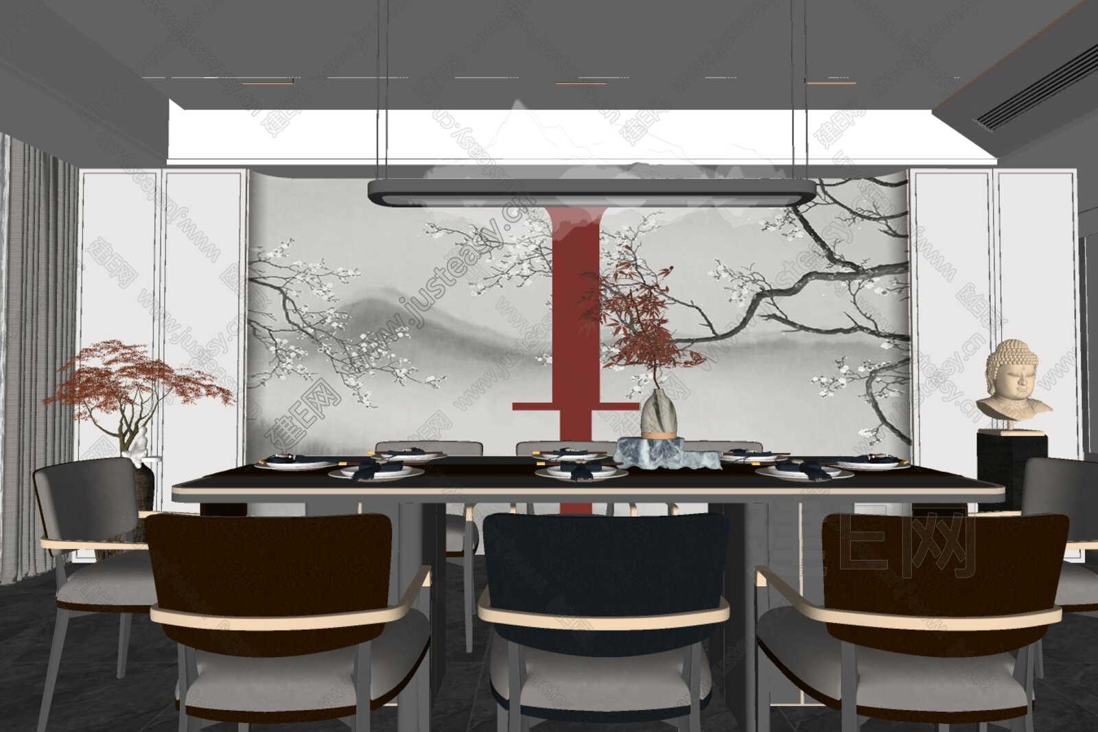 新中式餐厅模型SU模型下载[ID:104418727]_建e网su模型