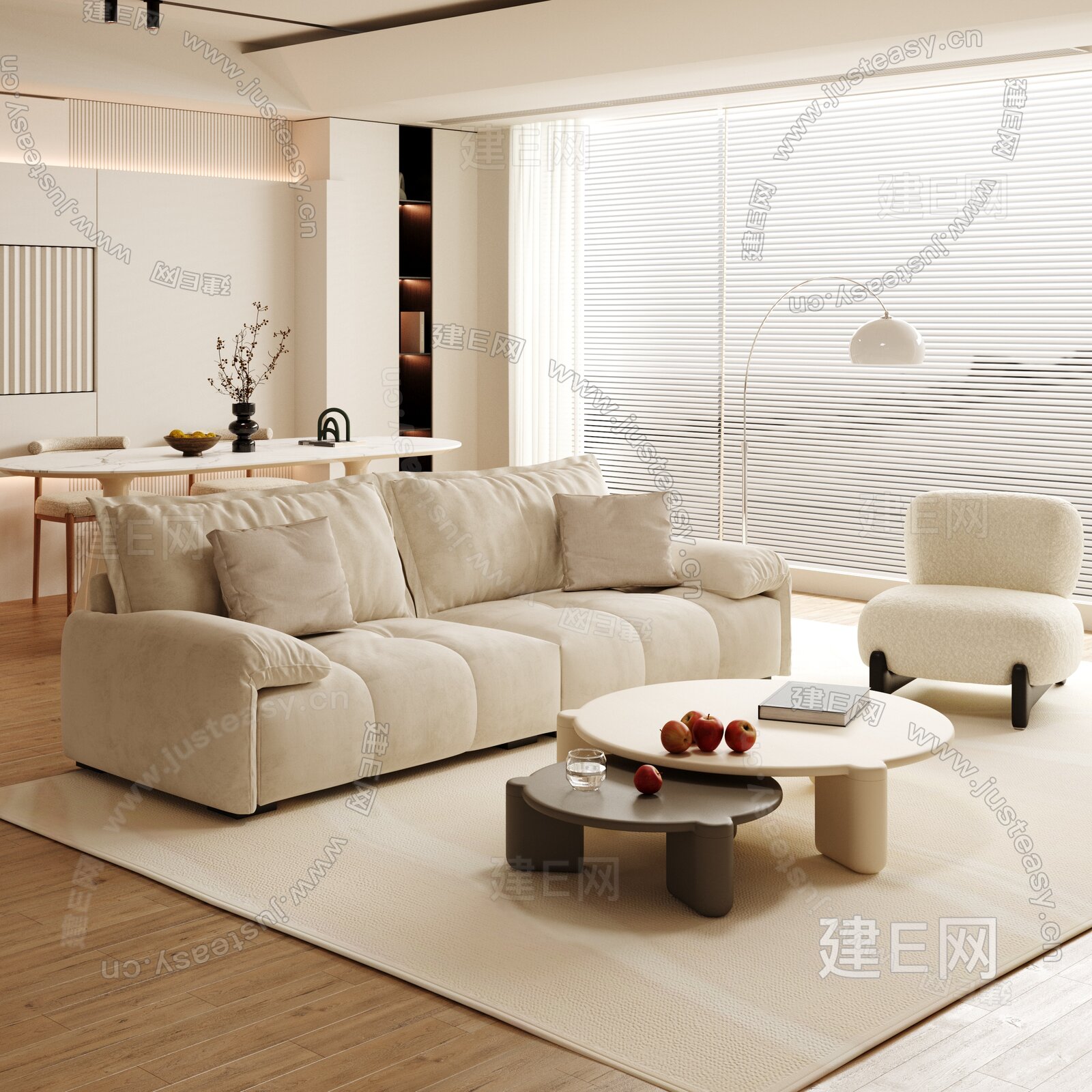 现代奶油风客餐厅3d模型下载[ID:115693011]_建e网3d模型