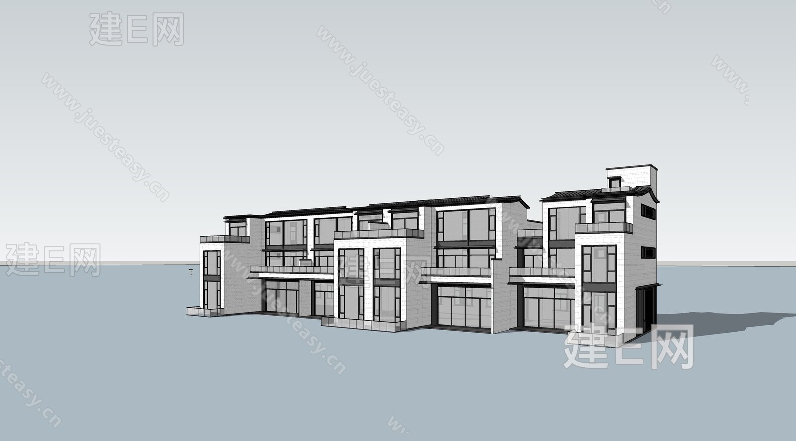 新中式联排别墅模型SU模型下载[ID:113331483]_建e网su模型