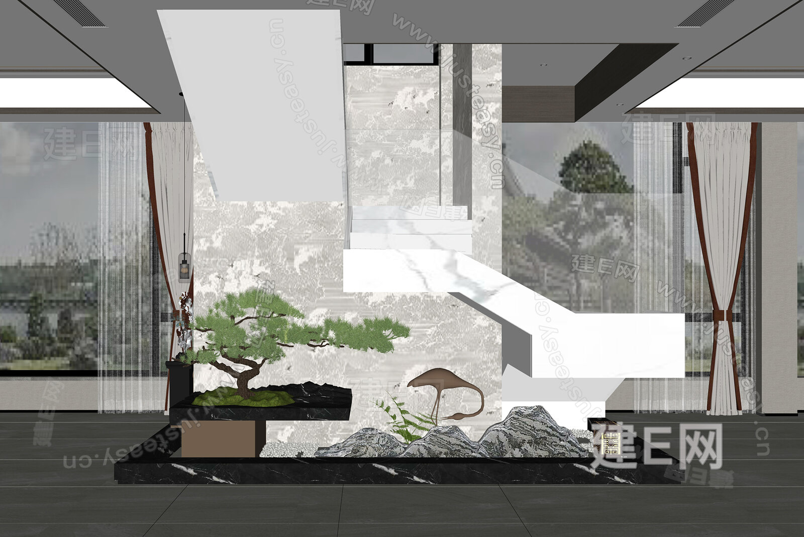 新中式室内景观模型SU模型下载[ID:113462552]_建E室内设计网