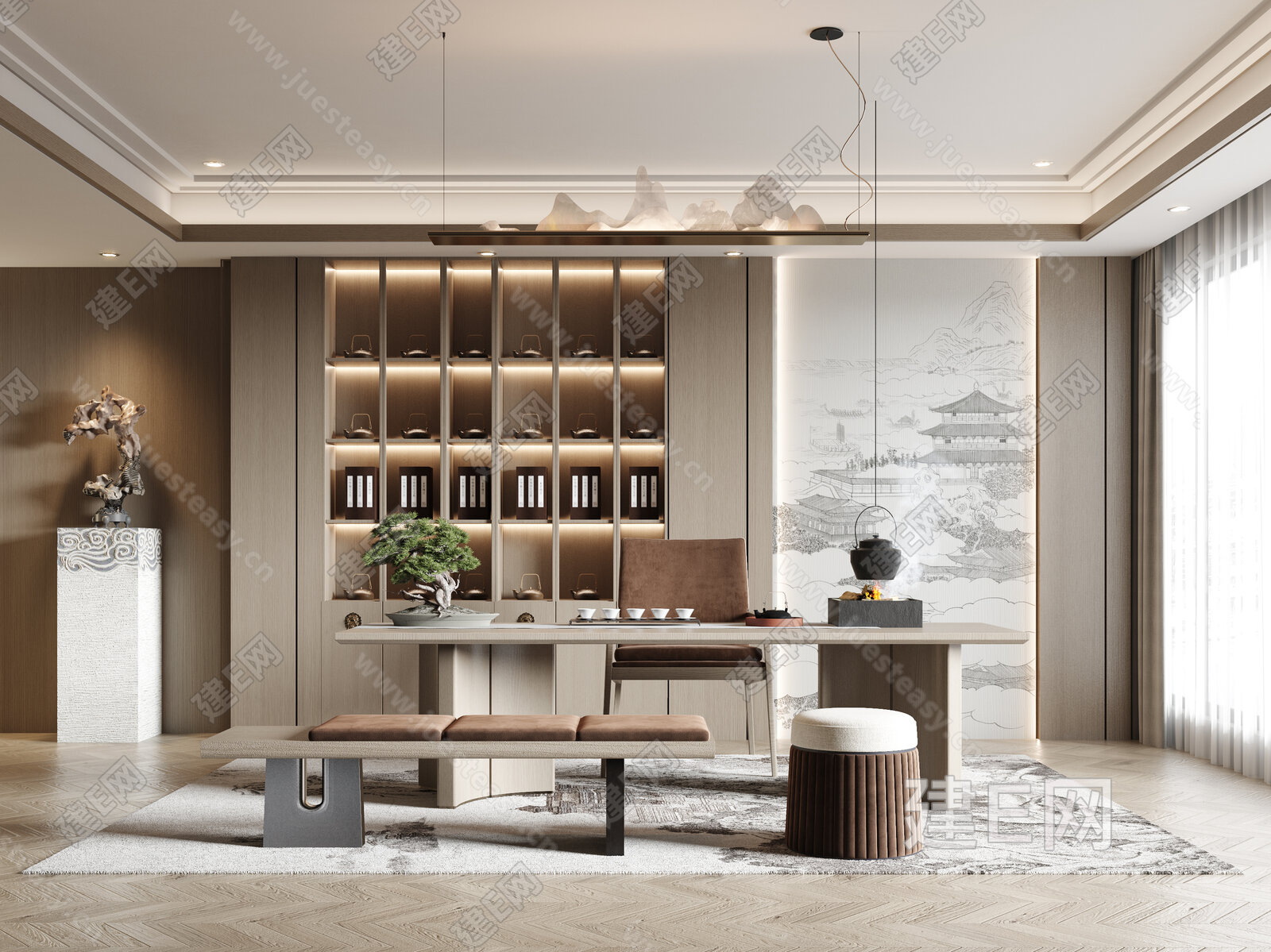 【新中式茶室3d模型】建e网_新中式茶室3d模型下载[ID:116741489]_打造3d新中式茶室模型免费下载平台