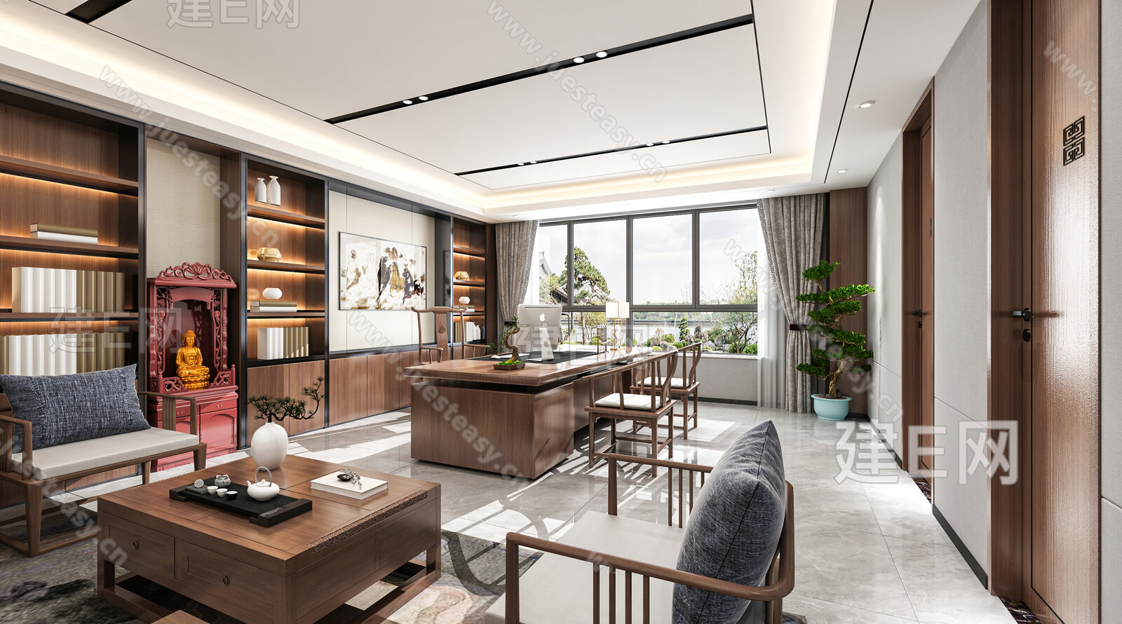 新中式办公室经理室3d模型下载[ID:110450164]_建e网3d模型