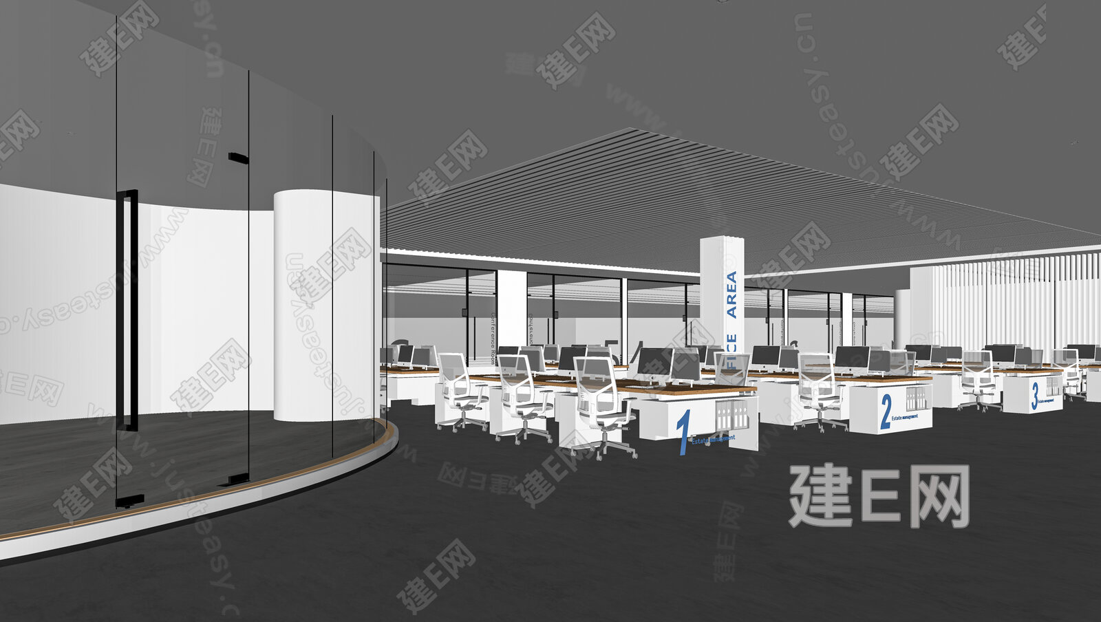 现代开放式办公区模型SU模型下载[ID:116870458]_建E室内设计网