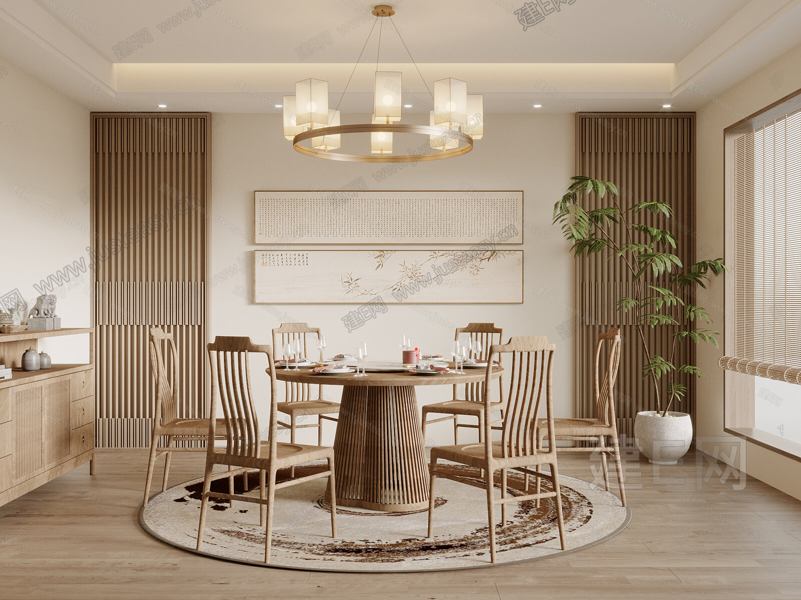 新中式餐厅包间模型SU模型下载[ID:109530520]_建e网su模型