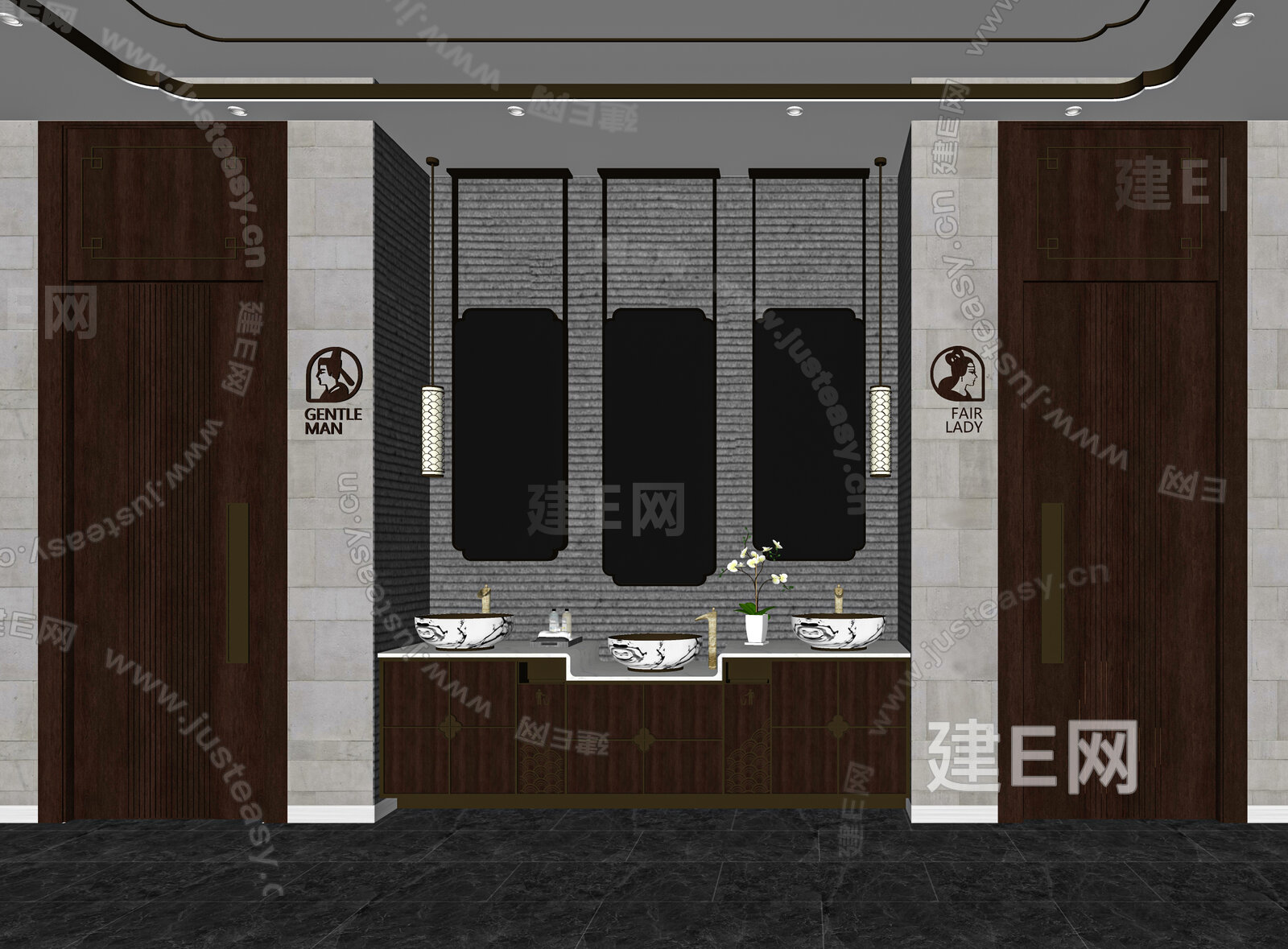 新中式公共卫生间 模型SU模型下载[ID:117198242]_建e网su模型