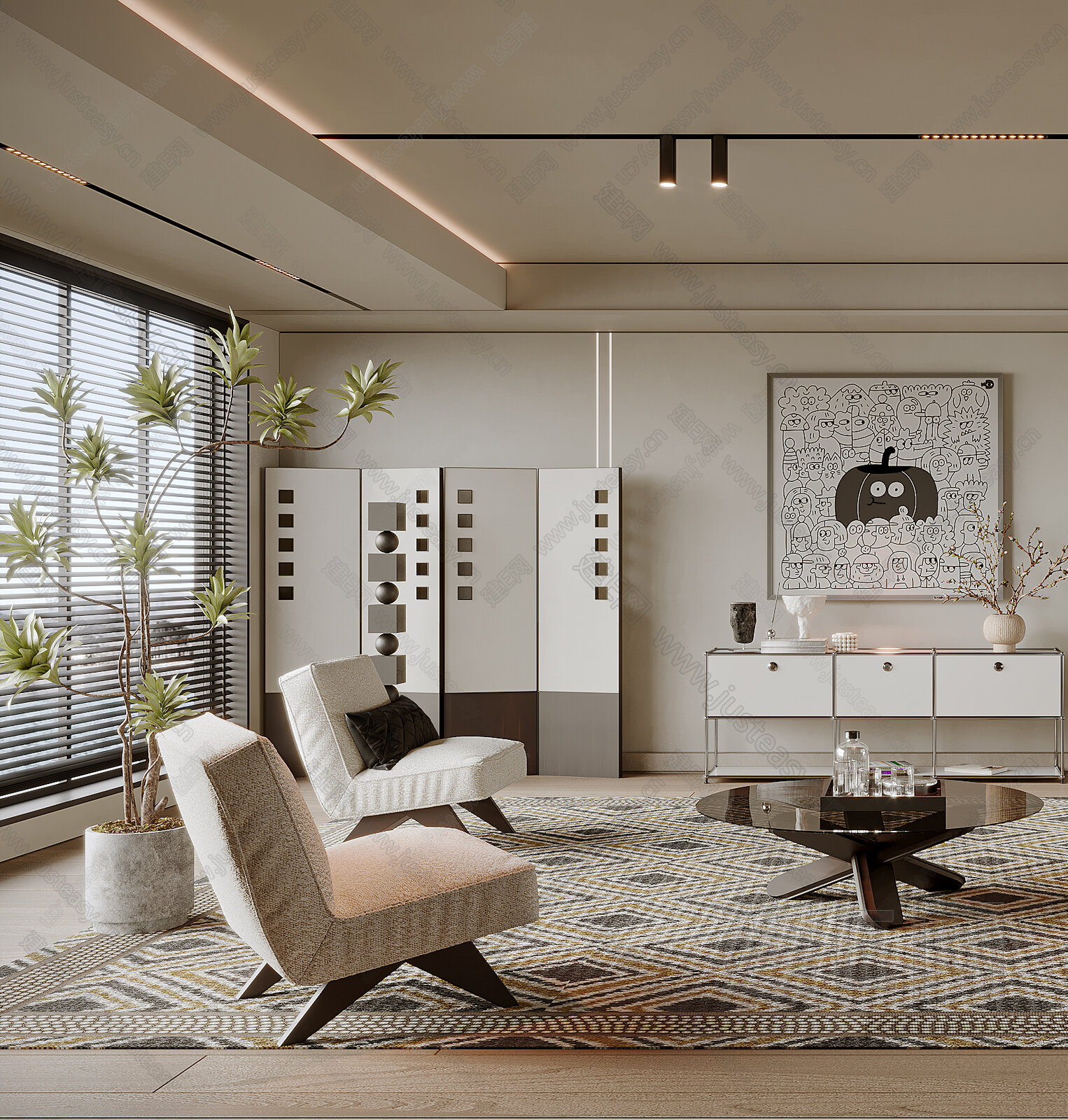 现代奶油风客厅3d模型下载[ID:111629667]_建e网3d模型